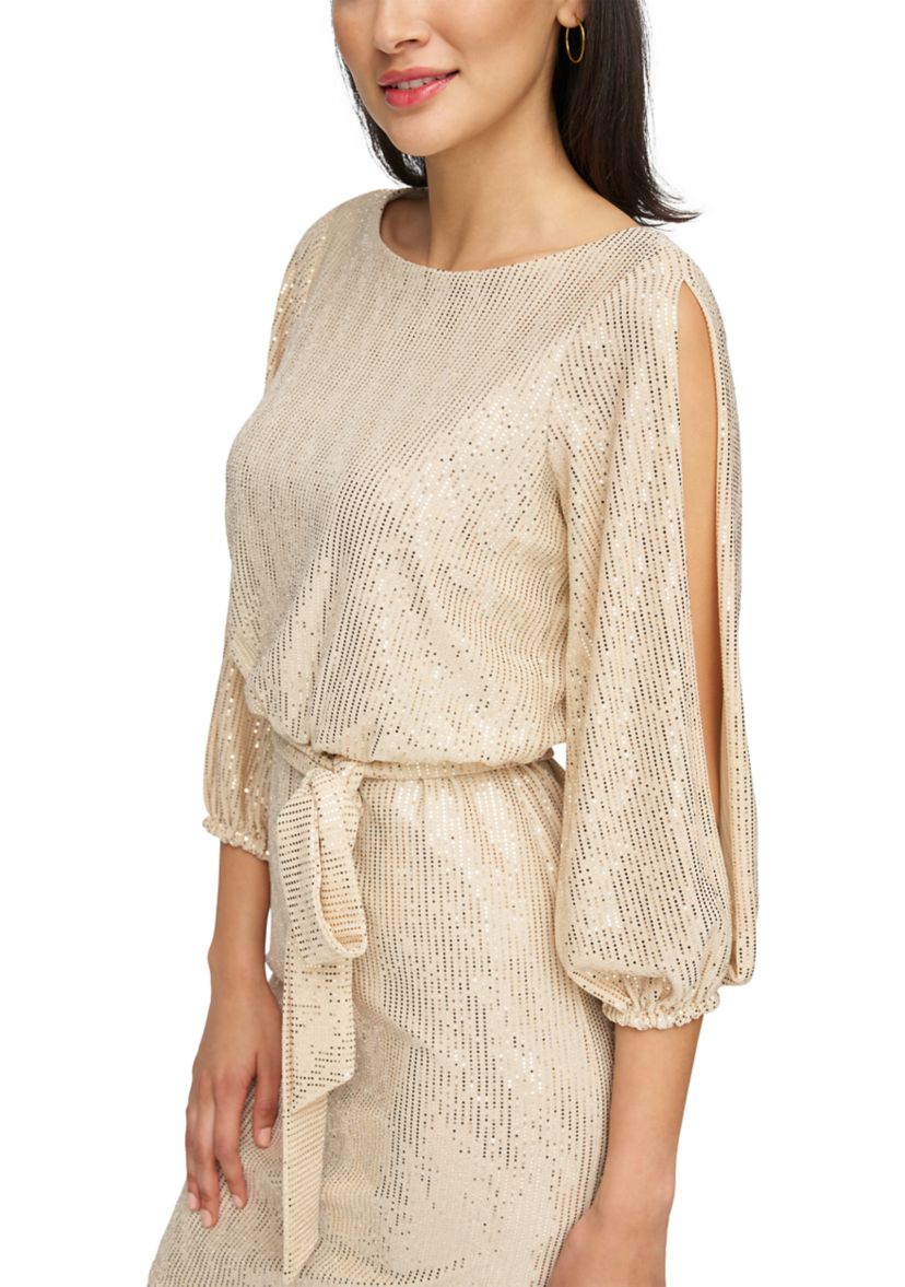 Womens 3/4 Sleeve Sequin Tie Waist Fit and Flare Dress