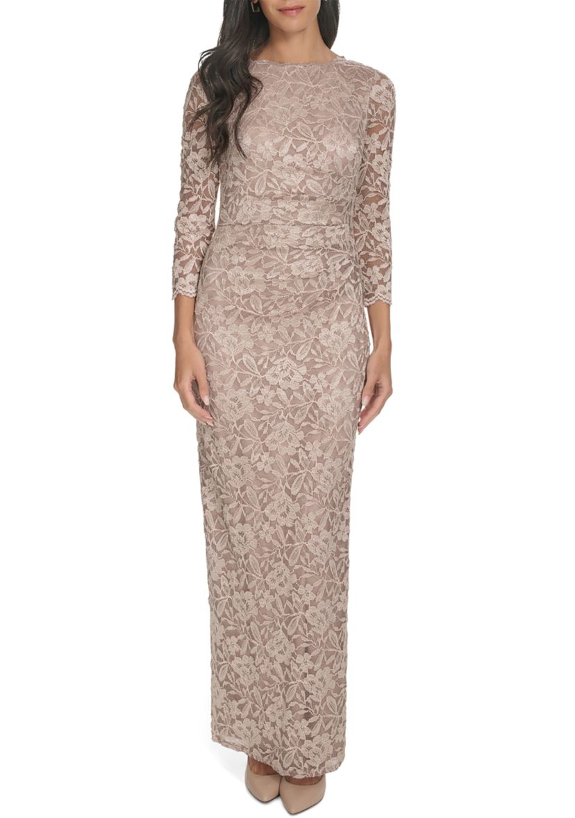 Womens 3/4 Sleeve Crew Neck Floral Print Gown 