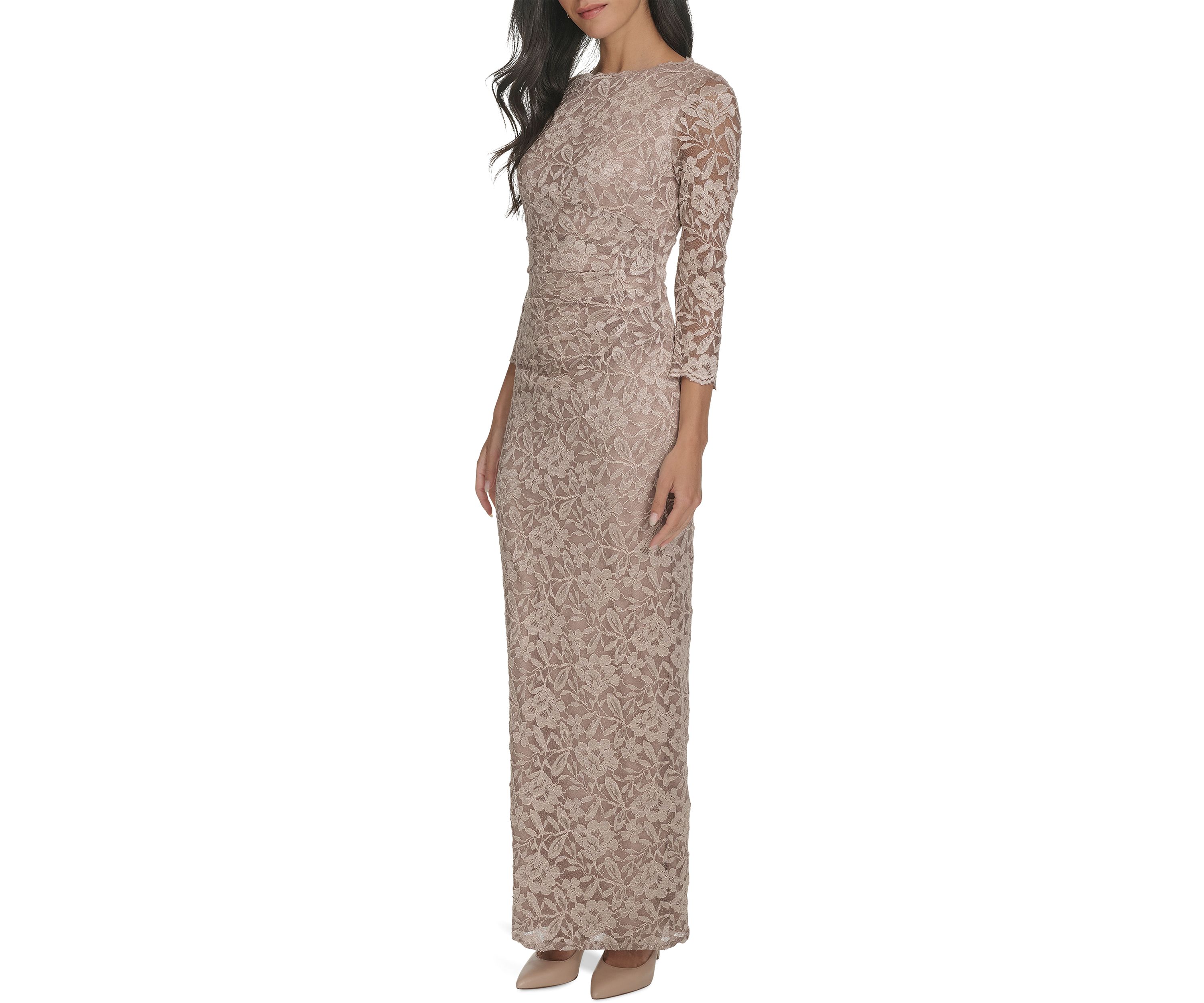 Womens 3/4 Sleeve Crew Neck Floral Print Gown 