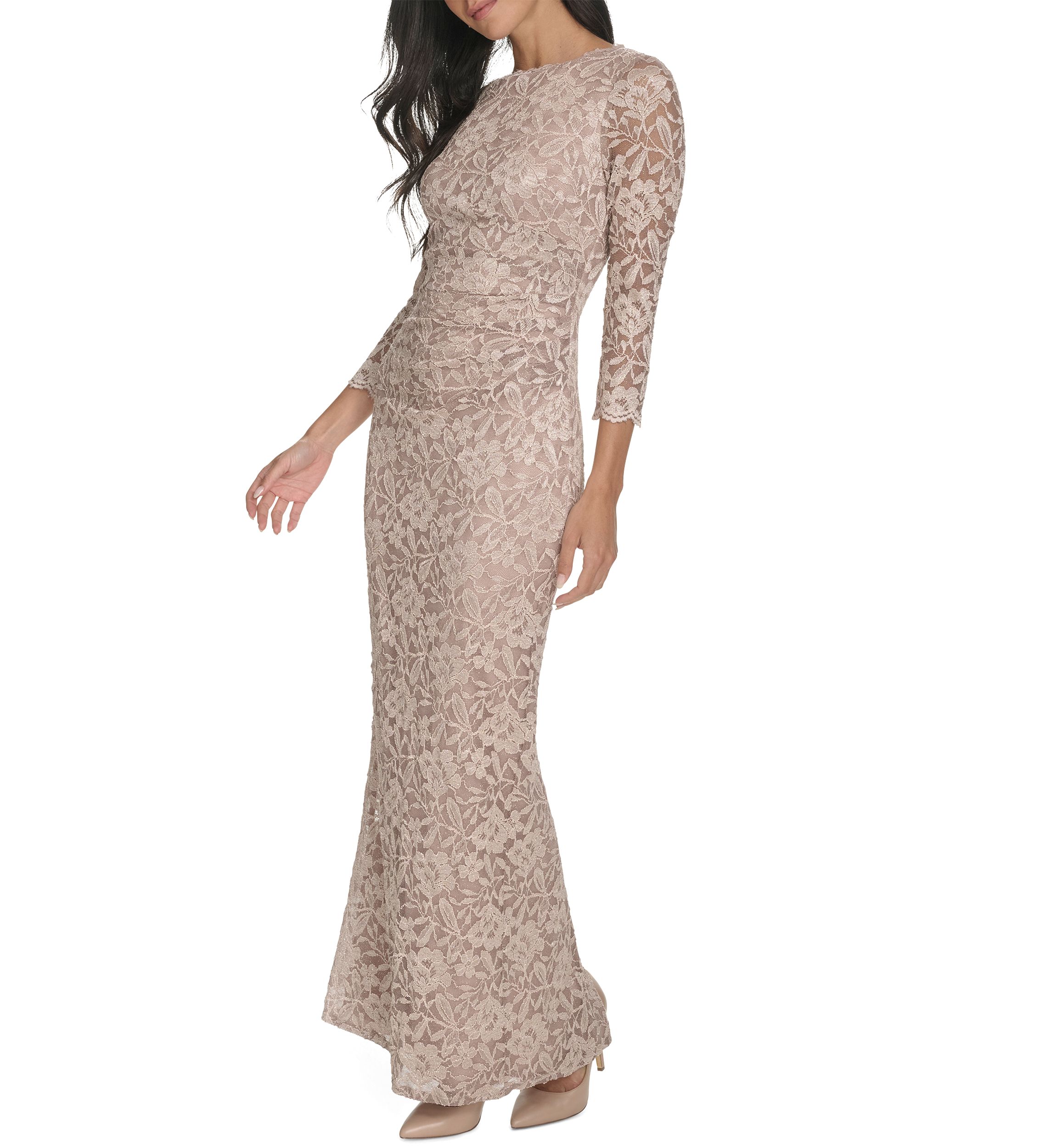 Womens 3/4 Sleeve Crew Neck Floral Print Gown 