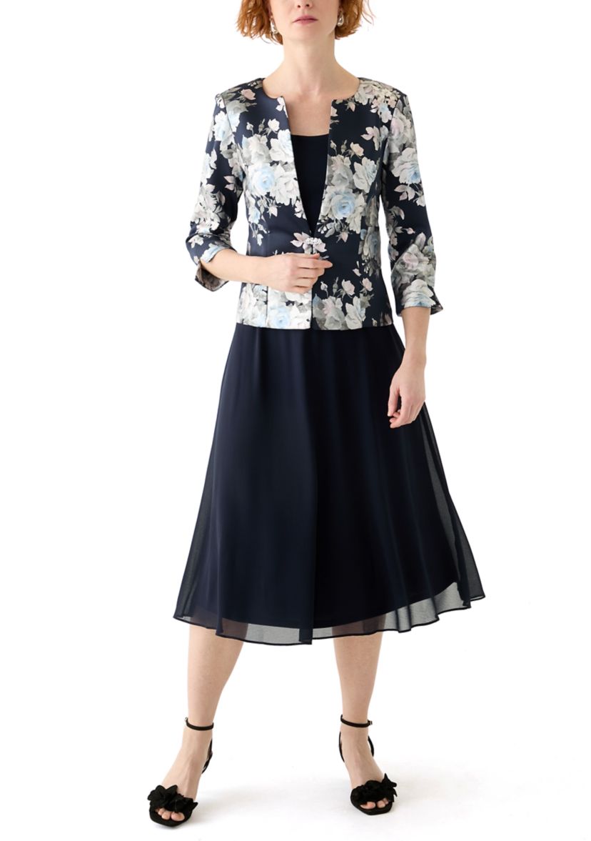 Womens Floral Printed A-Line Jacket Dress