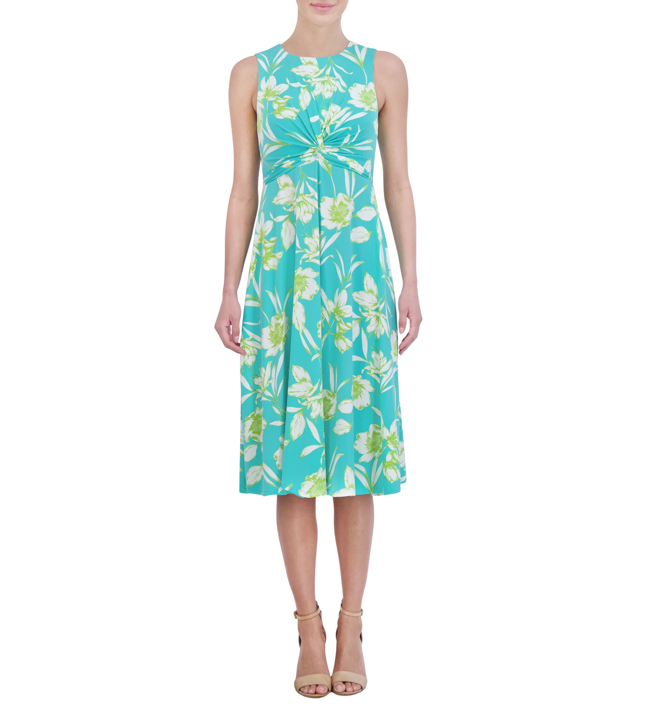 Womens Sleeveless Crew Neck Twist Floral Print Fit and Flare Dress