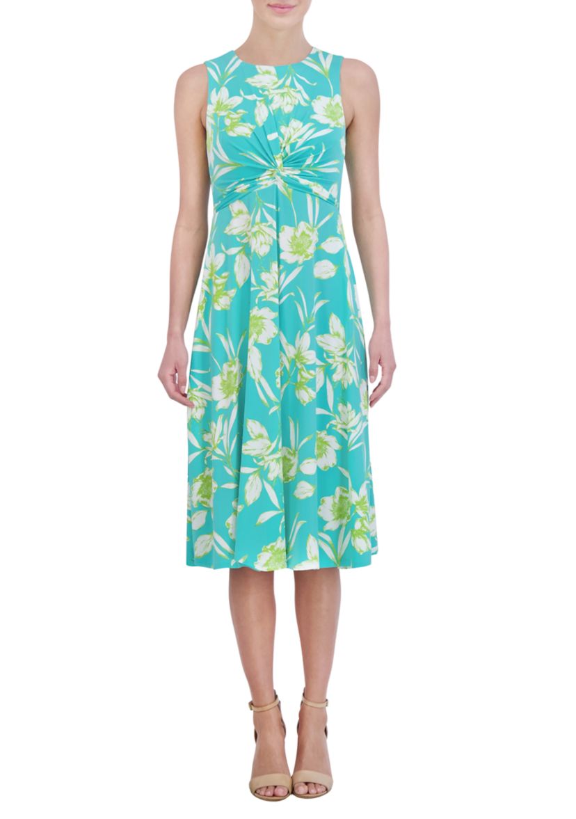 Womens Sleeveless Crew Neck Twist Floral Print Fit and Flare Dress