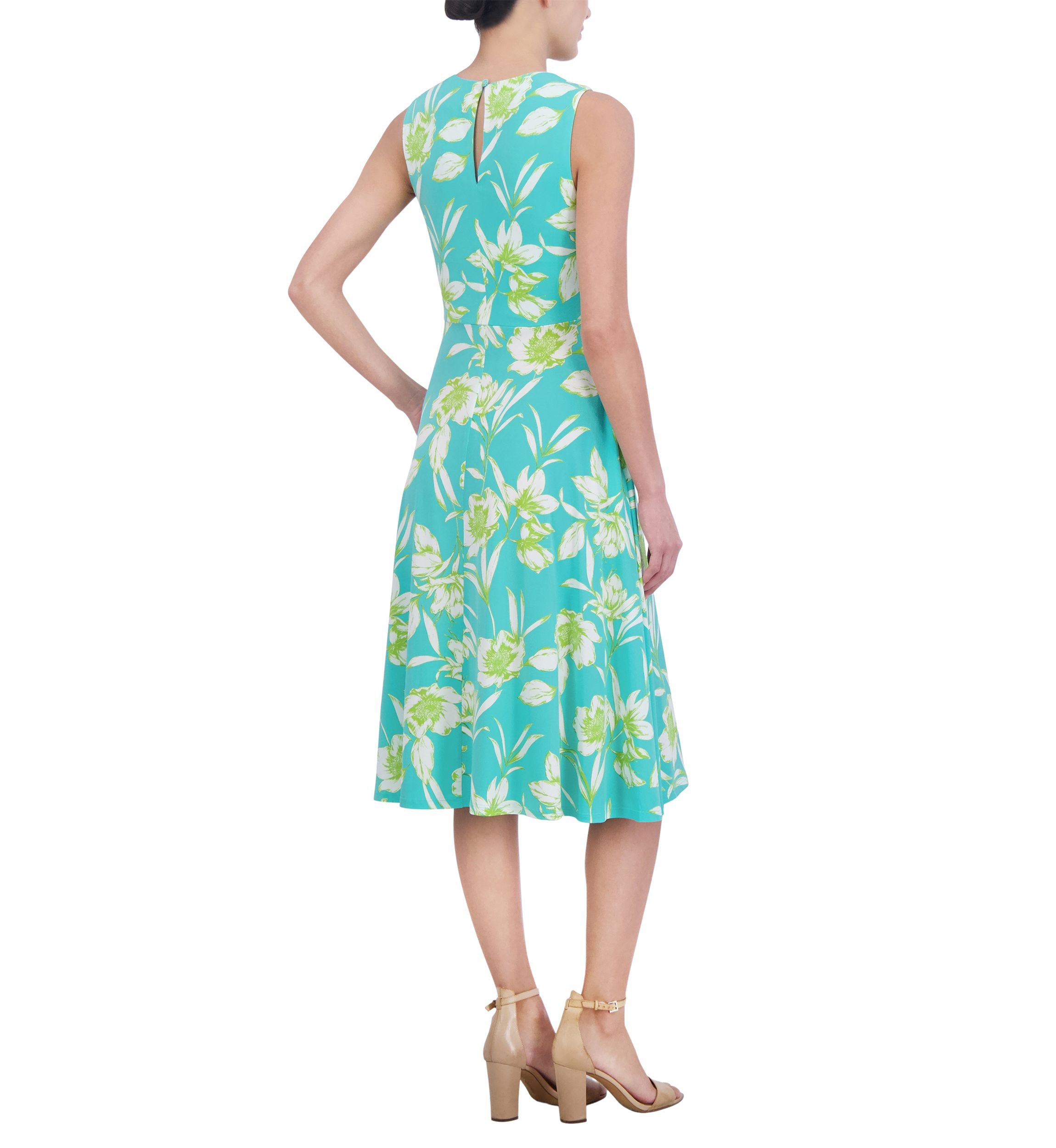 Womens Sleeveless Crew Neck Twist Floral Print Fit and Flare Dress