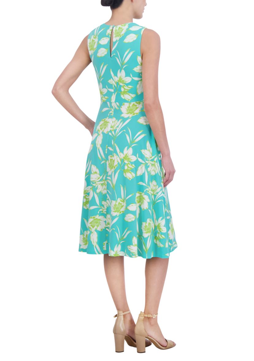 Womens Sleeveless Crew Neck Twist Floral Print Fit and Flare Dress