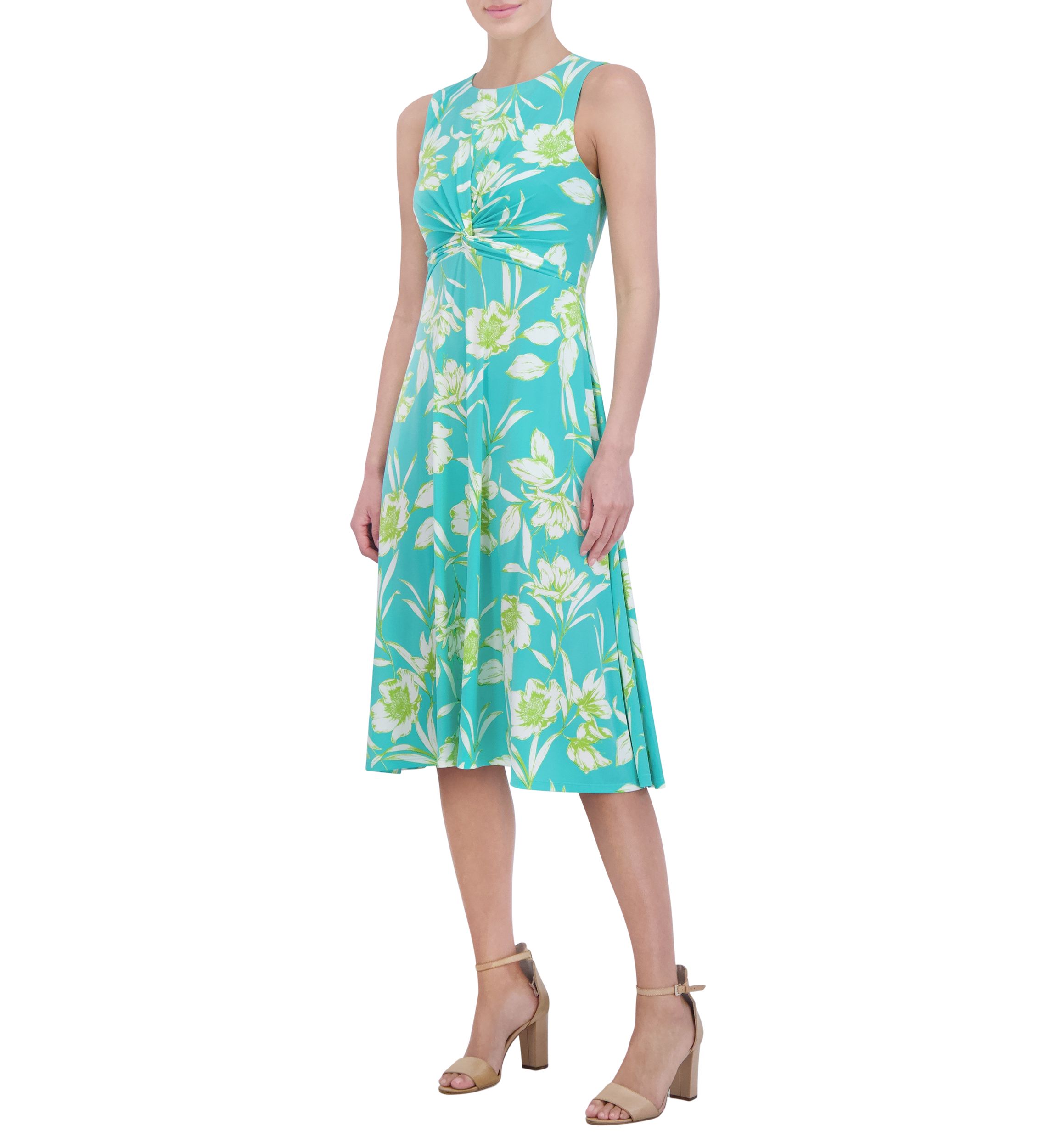 Womens Sleeveless Crew Neck Twist Floral Print Fit and Flare Dress