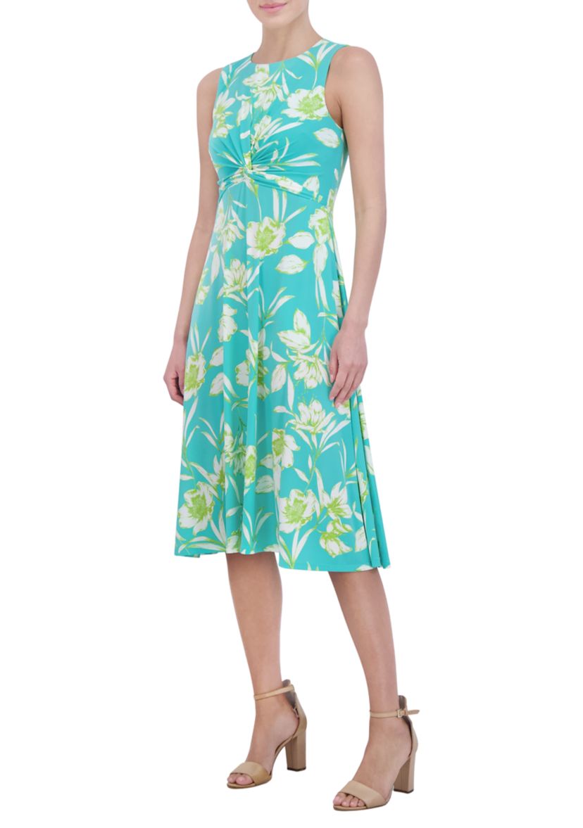 Womens Sleeveless Crew Neck Twist Floral Print Fit and Flare Dress
