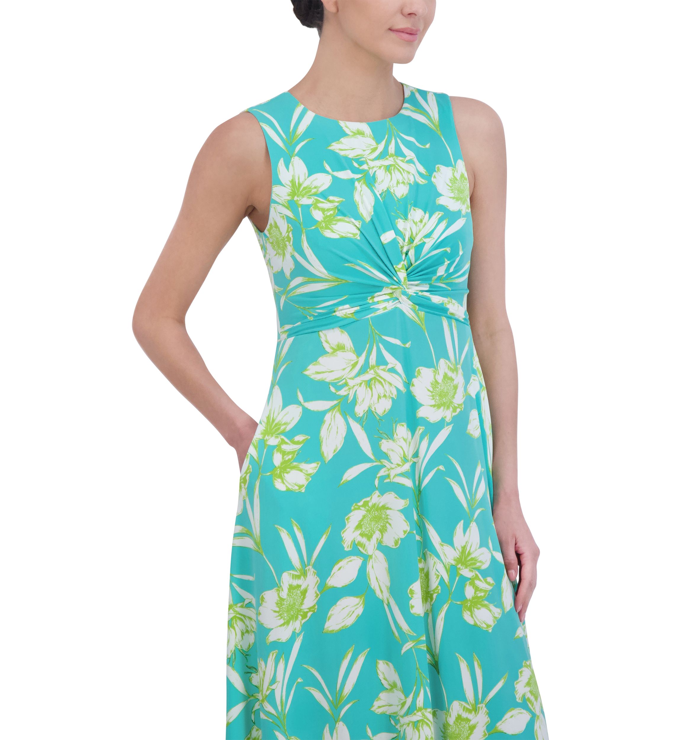 Womens Sleeveless Crew Neck Twist Floral Print Fit and Flare Dress