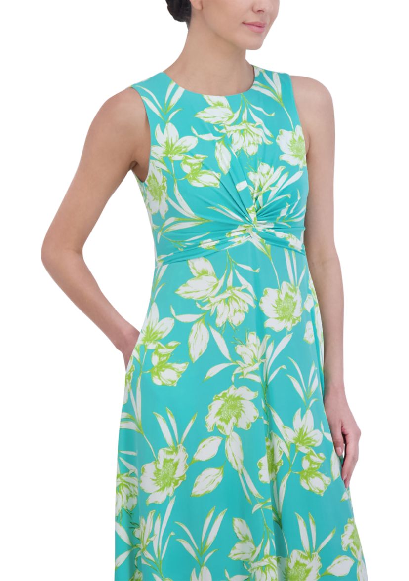 Womens Sleeveless Crew Neck Twist Floral Print Fit and Flare Dress