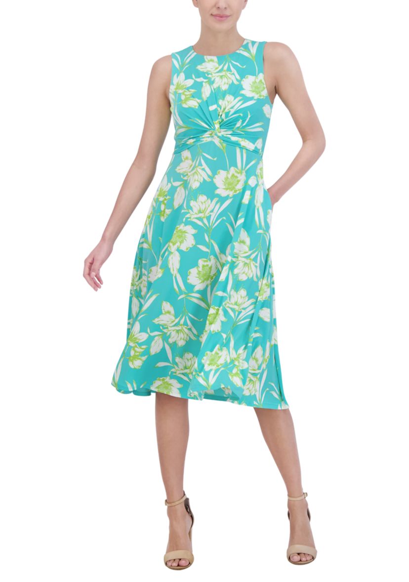Womens Sleeveless Crew Neck Twist Floral Print Fit and Flare Dress
