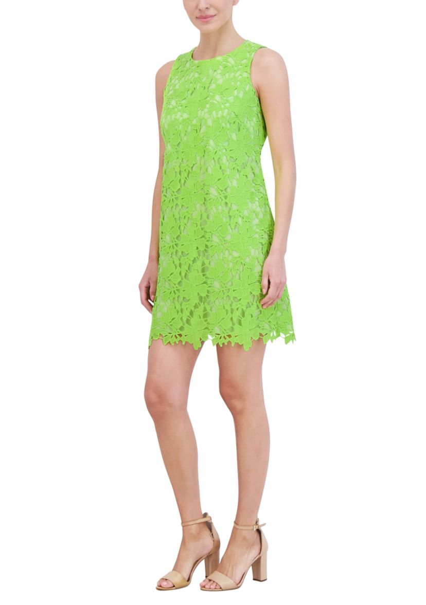 Womens Sleeveless Crew Neck Solid Lace Sheath Dress