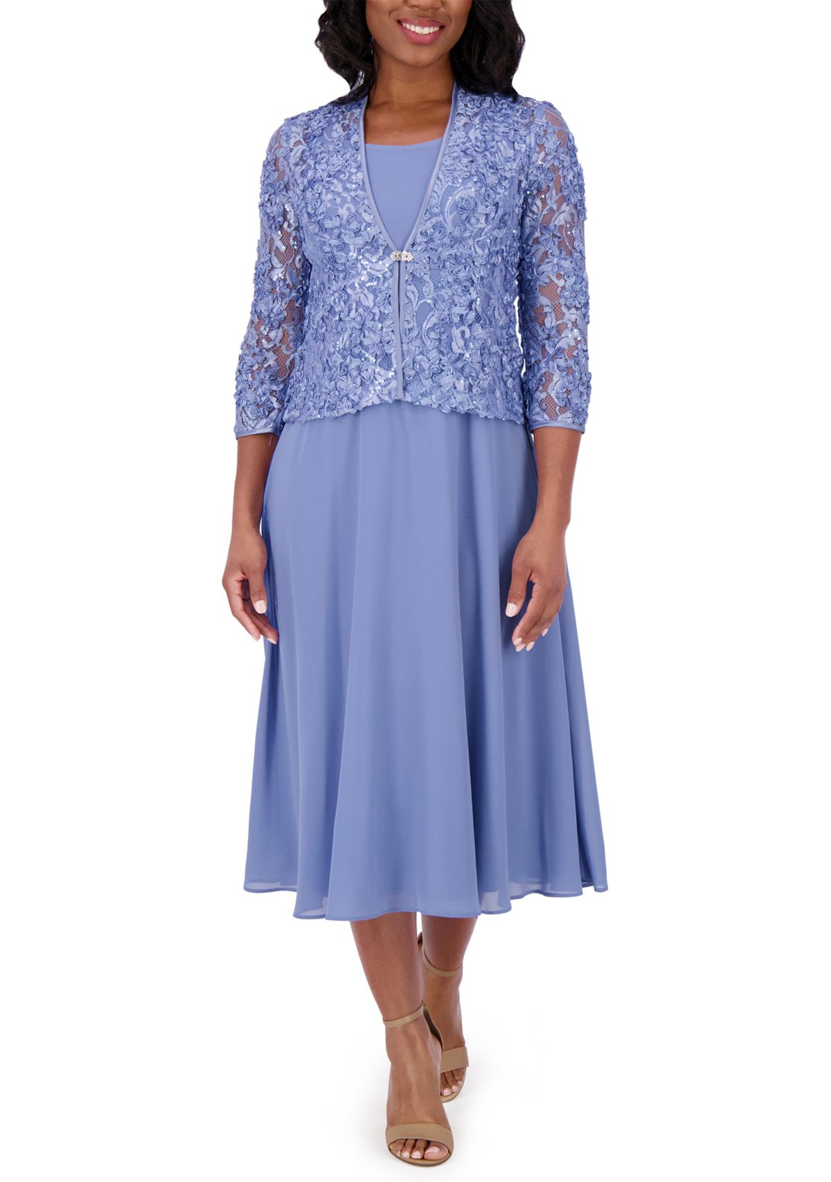 Womens 3/4 Sleeve Crew Neck Solid Jacket Dress
