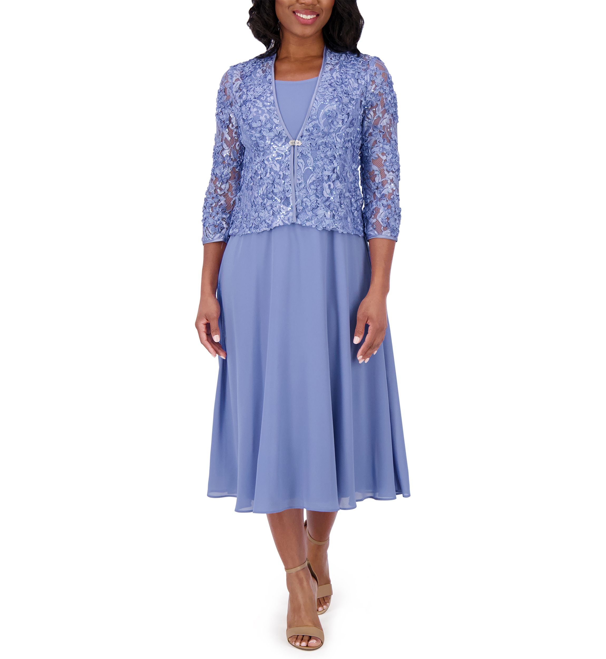 Womens 3/4 Sleeve Crew Neck Solid Jacket Dress