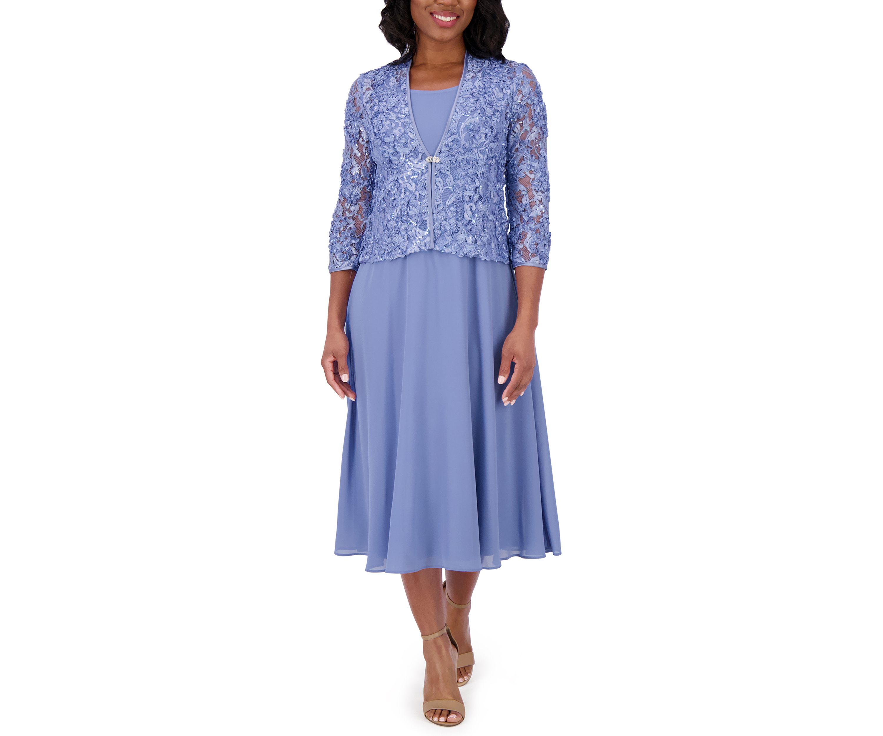 Womens 3/4 Sleeve Crew Neck Solid Jacket Dress