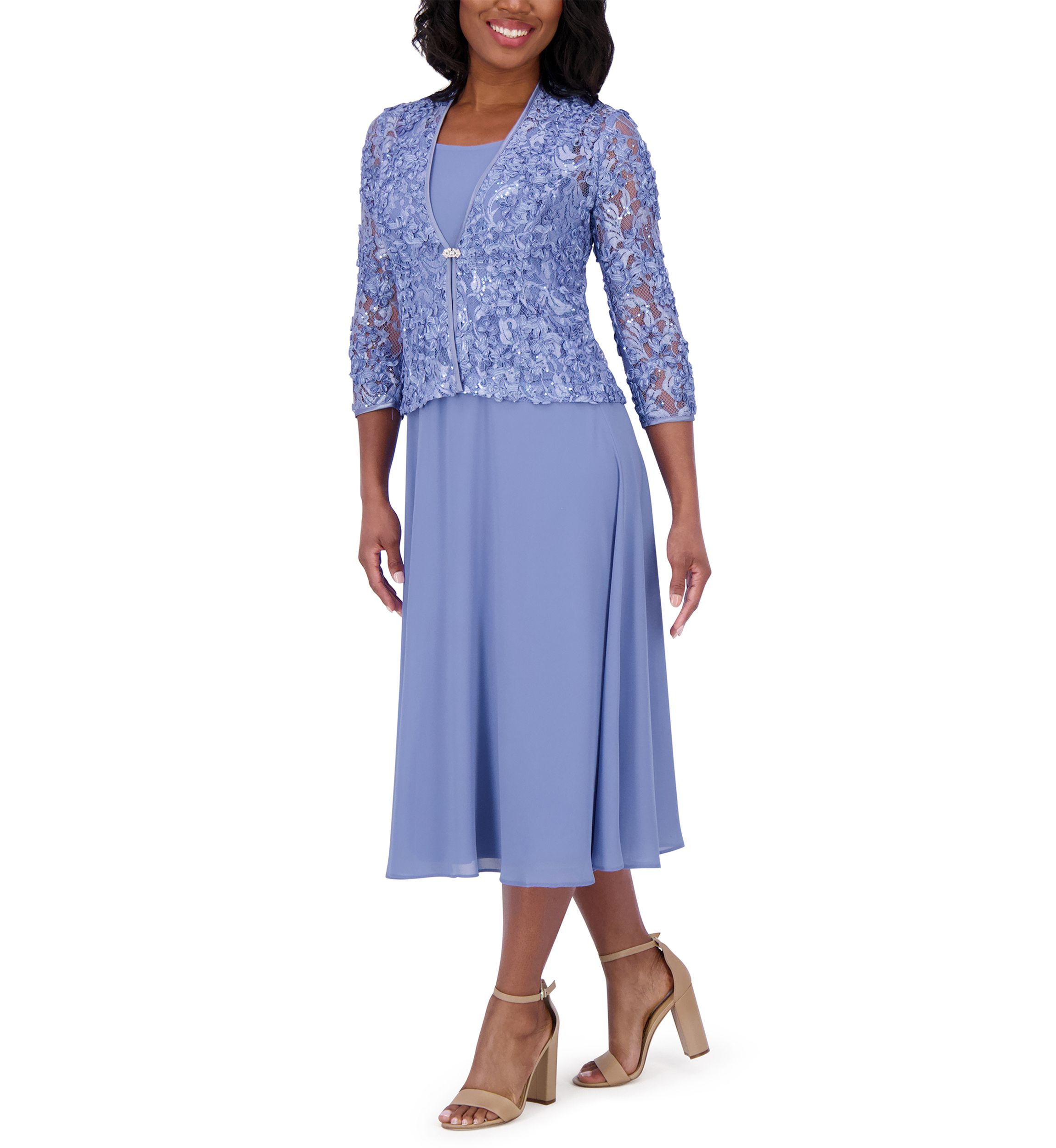 Womens 3/4 Sleeve Crew Neck Solid Jacket Dress