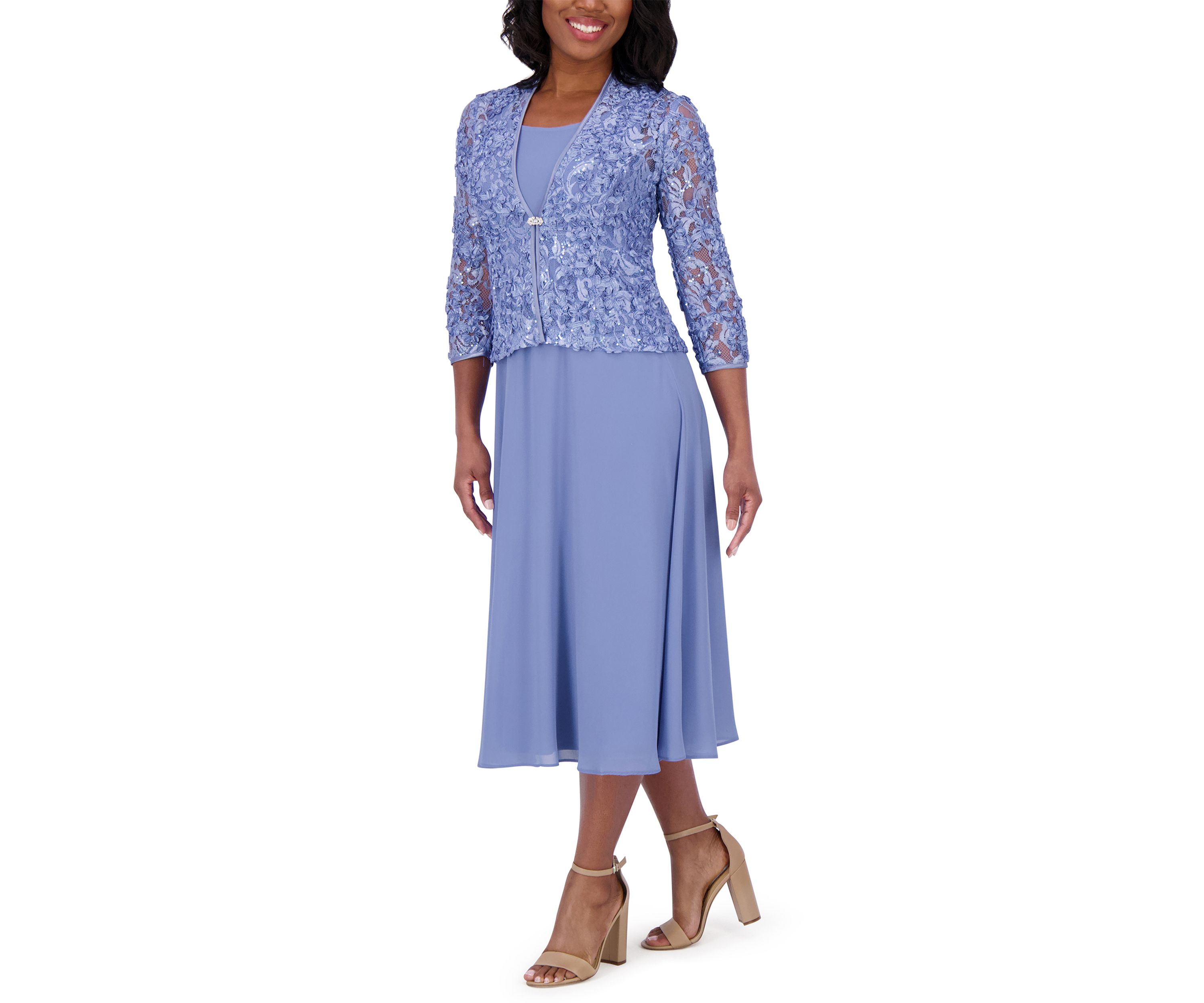 Womens 3/4 Sleeve Crew Neck Solid Jacket Dress