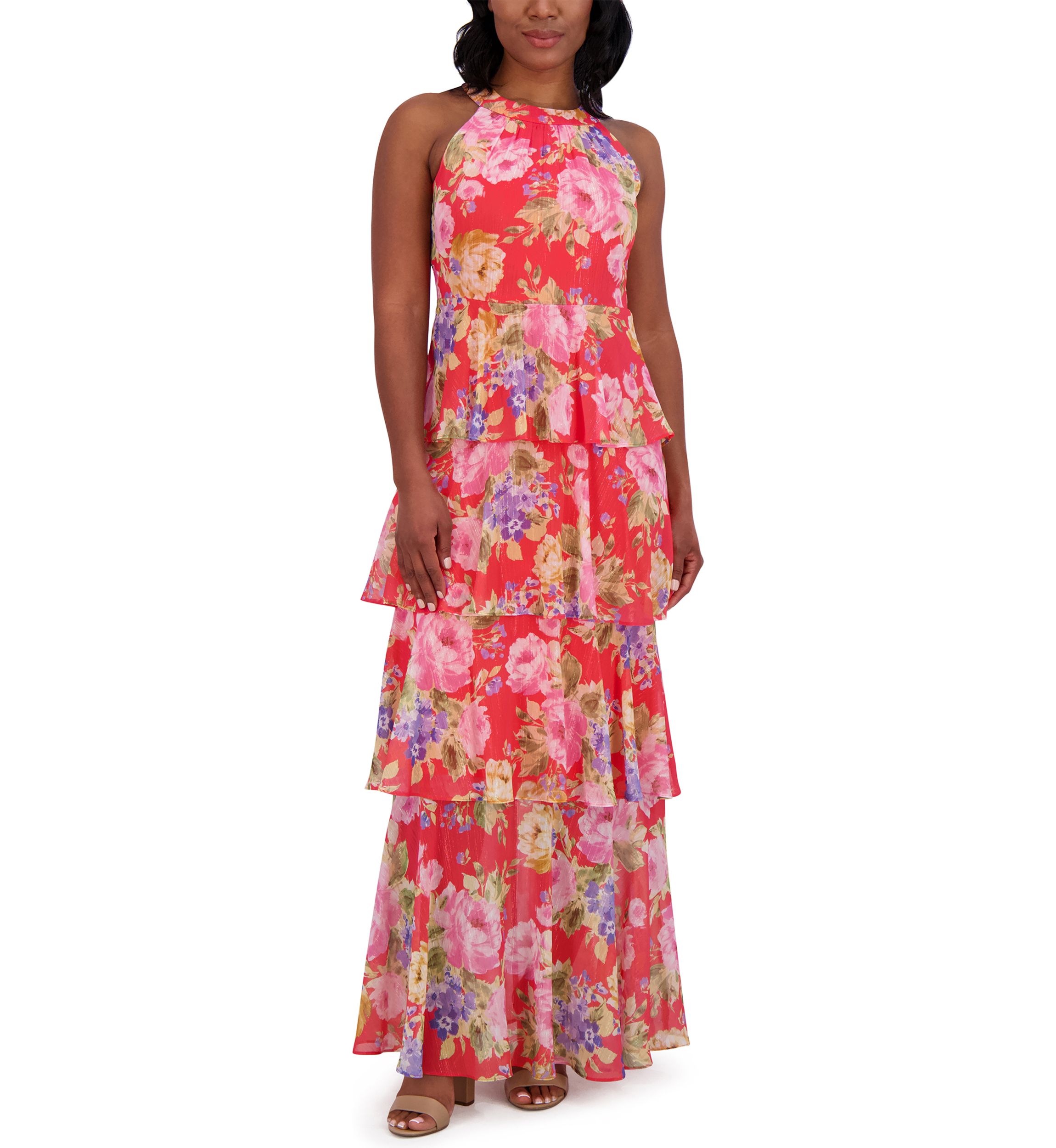 Womens Sleeveless Halter Neck Floral Print Ruffle Gown 