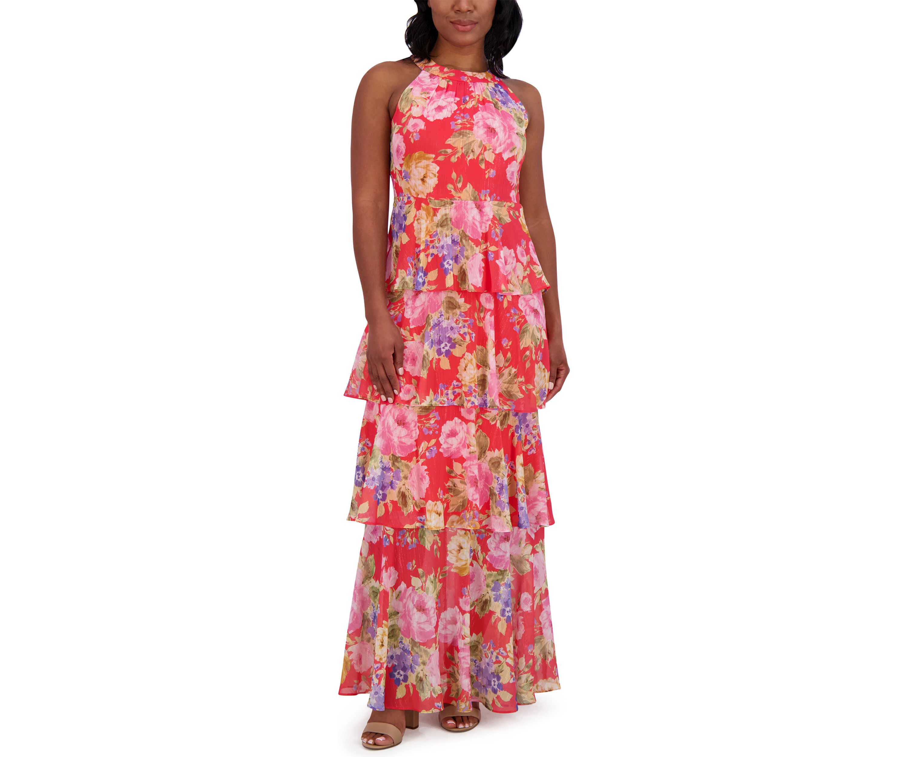 Womens Sleeveless Halter Neck Floral Print Ruffle Gown 