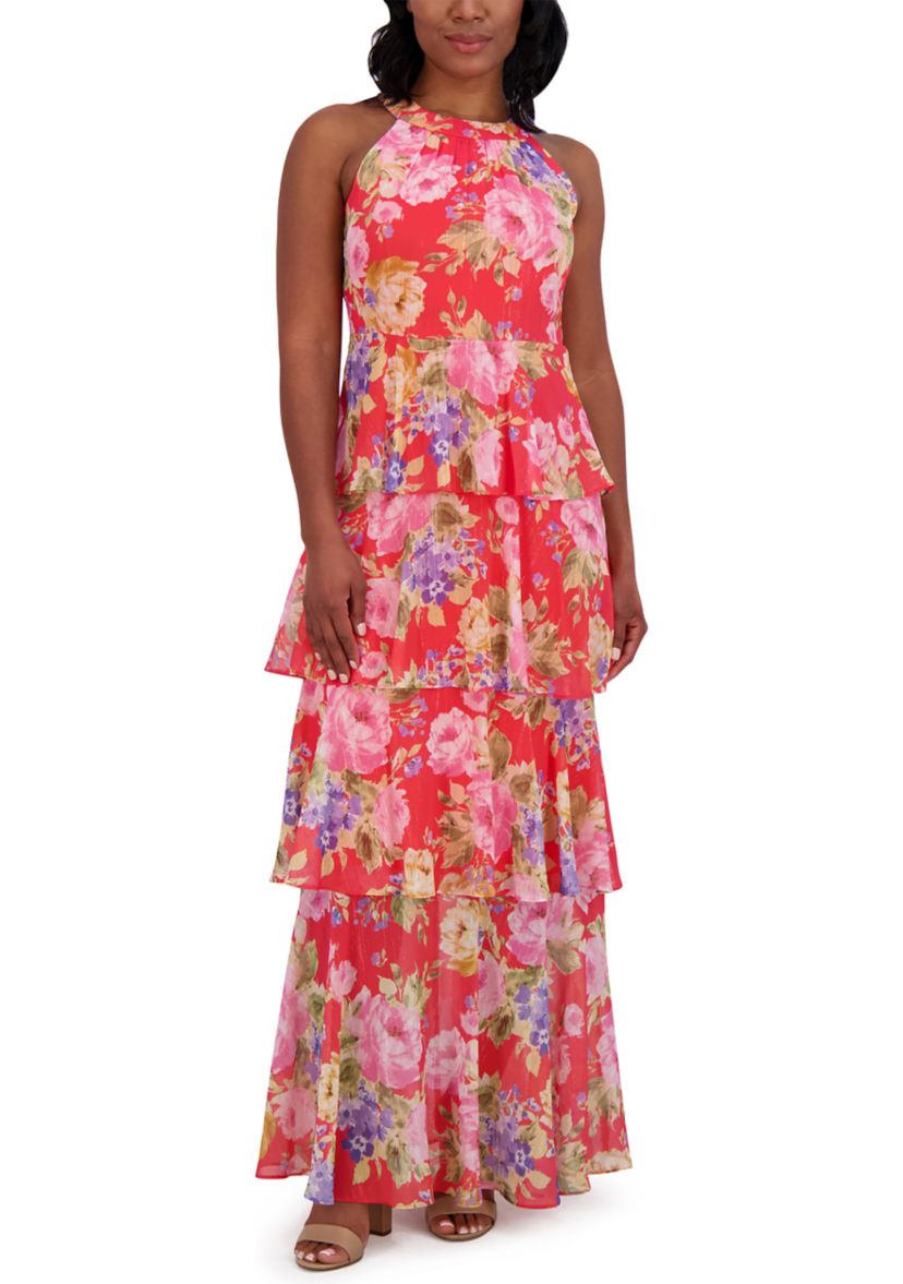 Womens Sleeveless Halter Neck Floral Print Ruffle Gown 