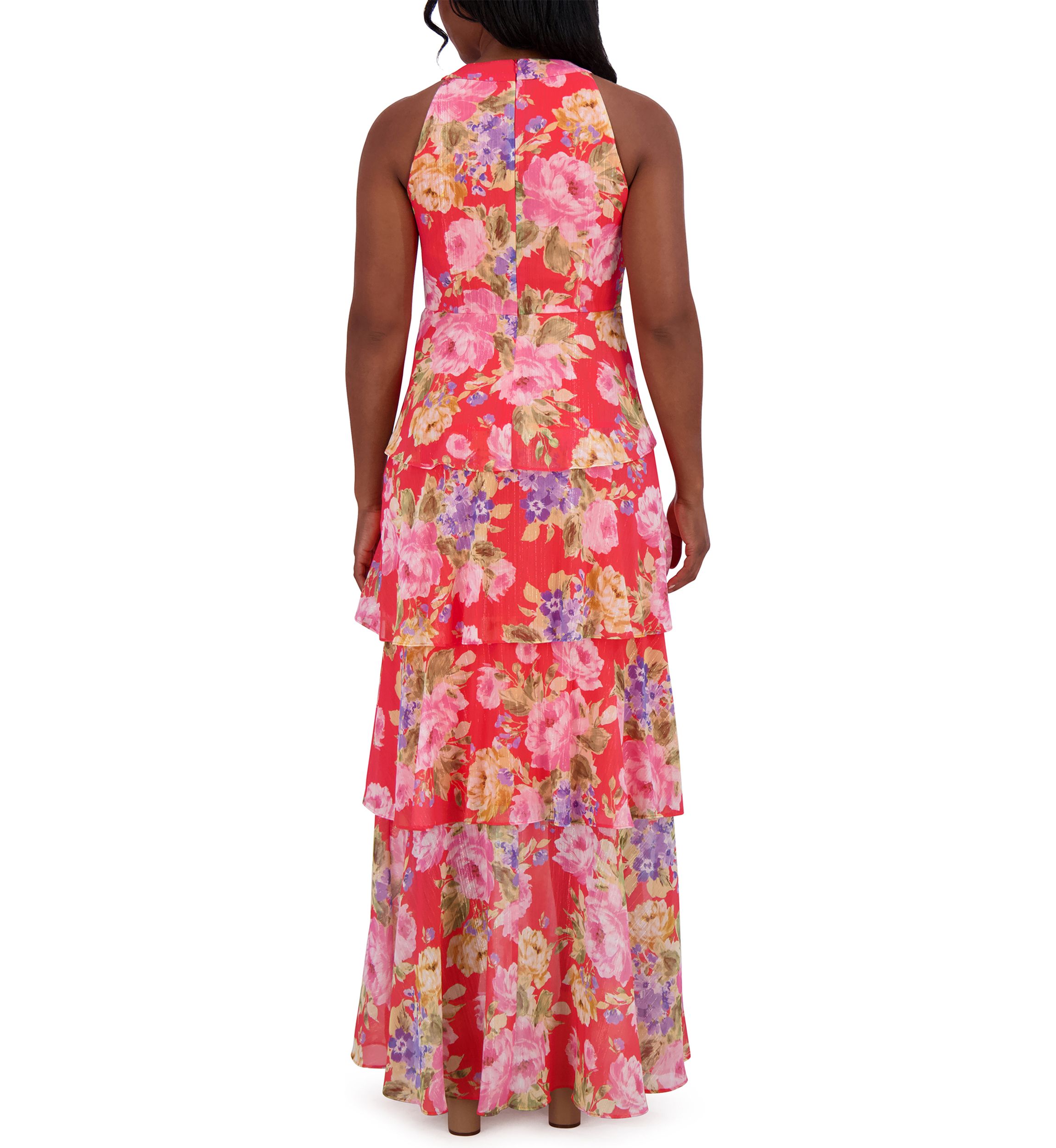 Womens Sleeveless Halter Neck Floral Print Ruffle Gown 