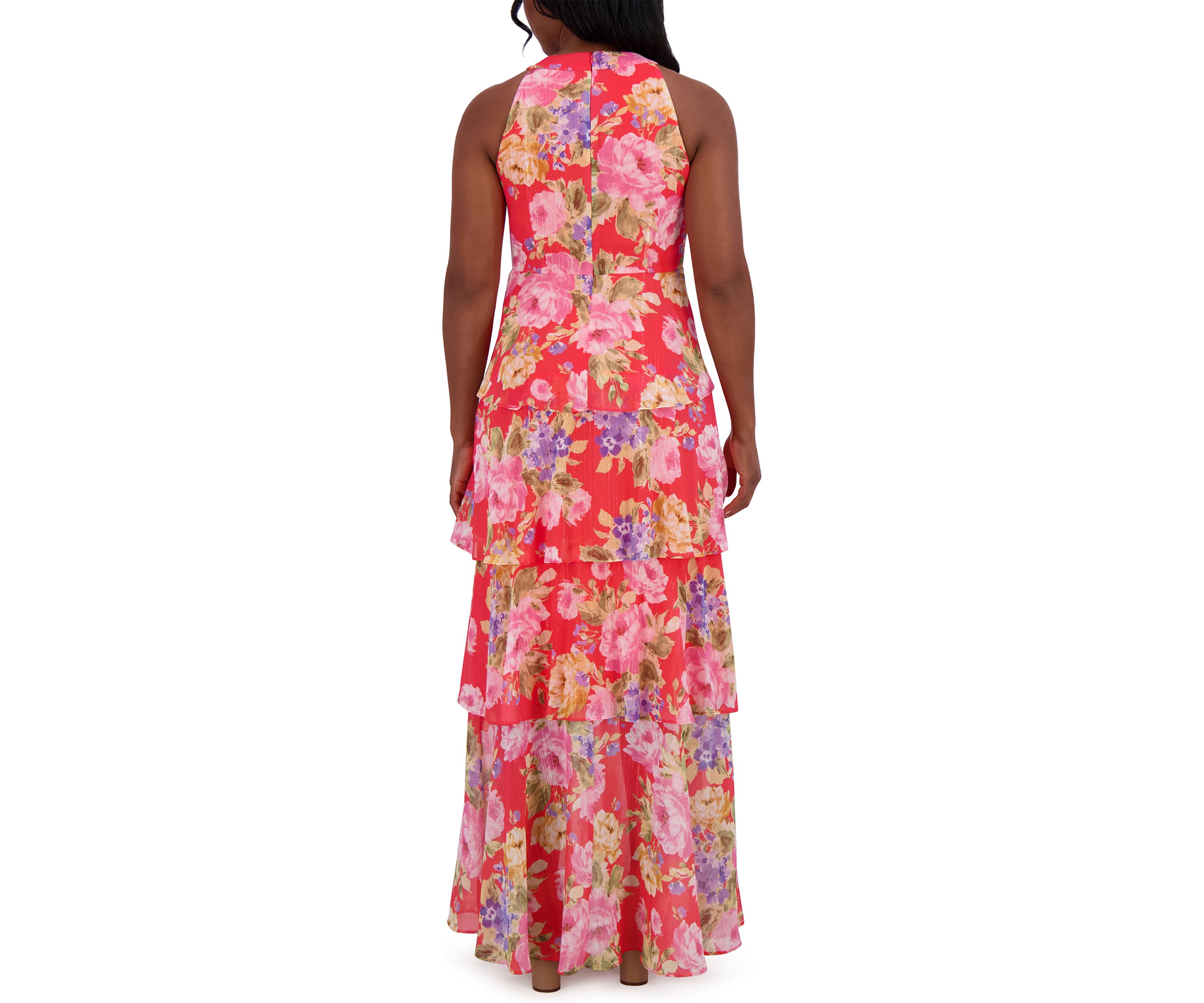 Womens Sleeveless Halter Neck Floral Print Ruffle Gown 