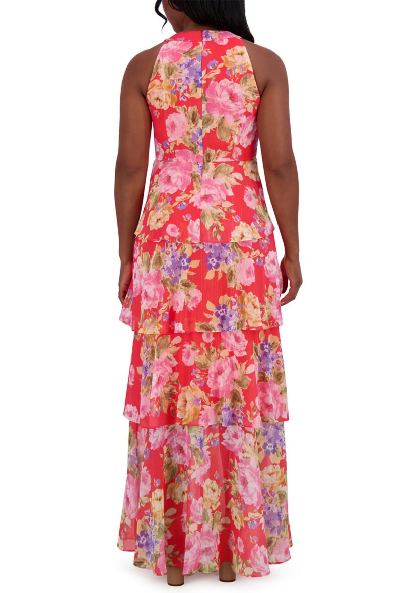 Womens Sleeveless Halter Neck Floral Print Ruffle Gown 