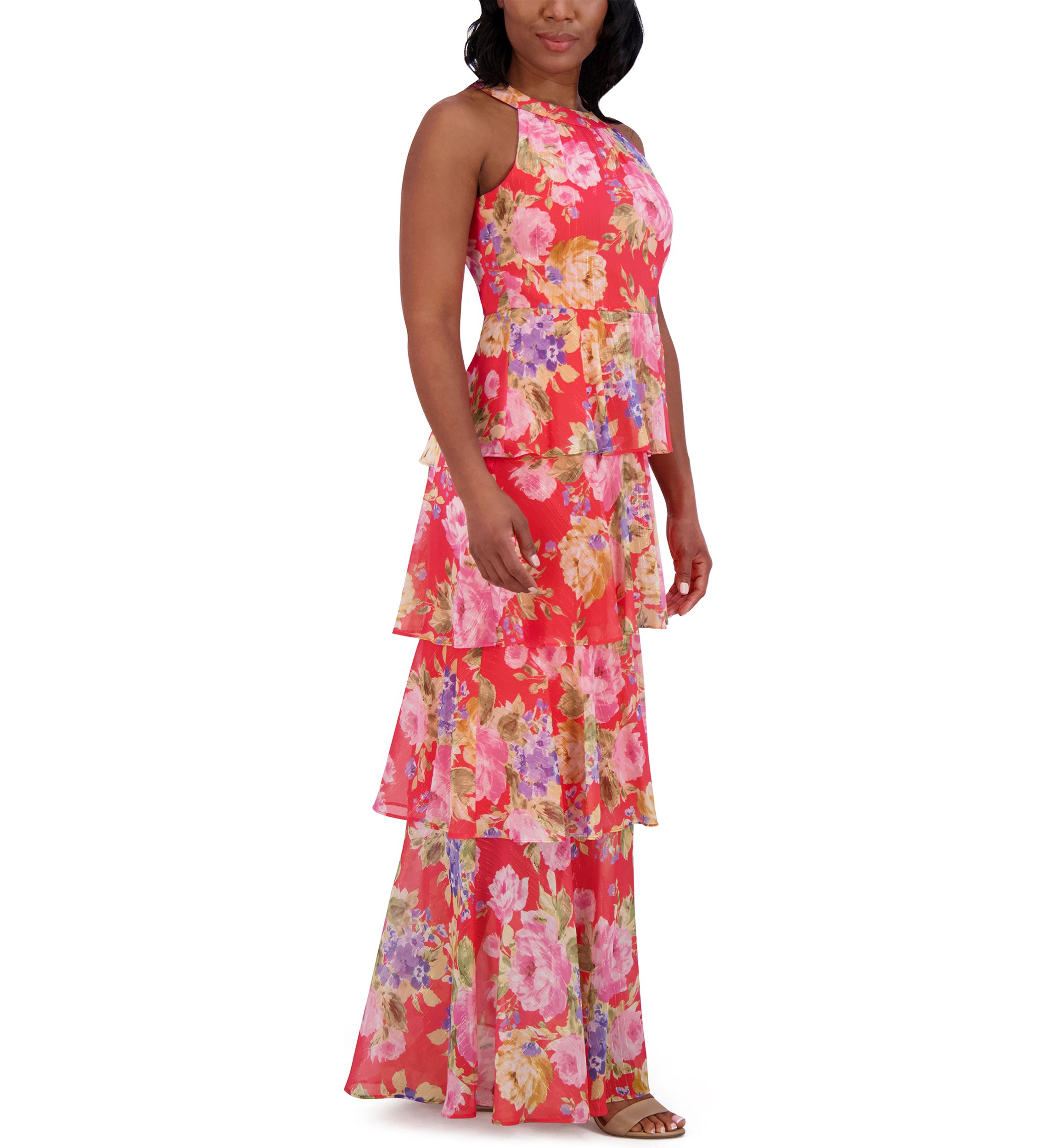 Womens Sleeveless Halter Neck Floral Print Ruffle Gown 