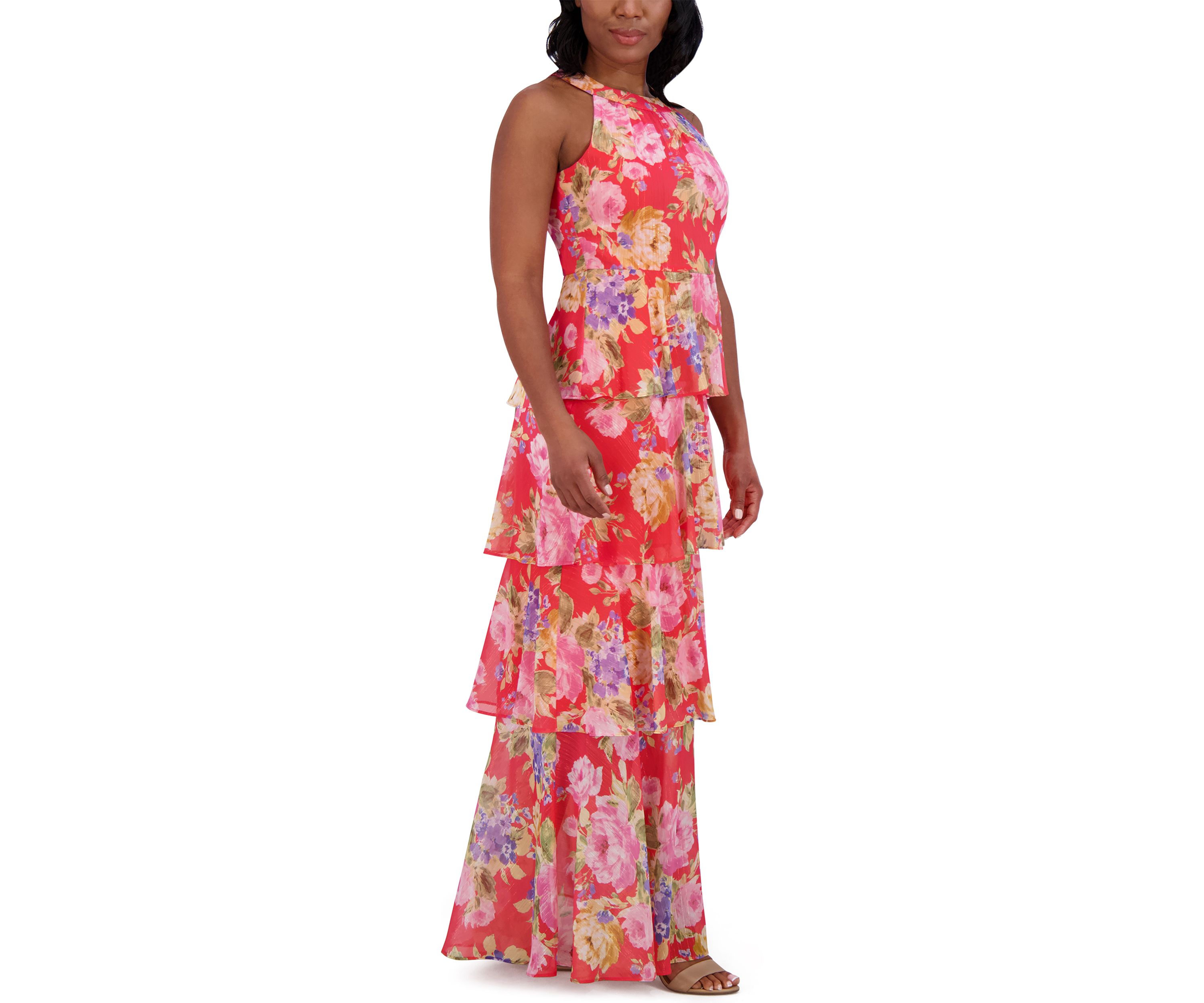 Womens Sleeveless Halter Neck Floral Print Ruffle Gown 