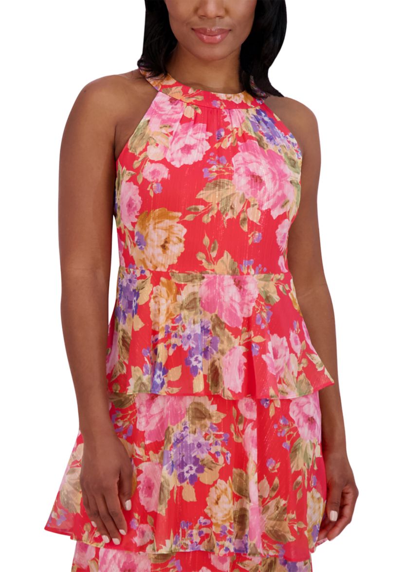 Womens Sleeveless Halter Neck Floral Print Ruffle Gown 