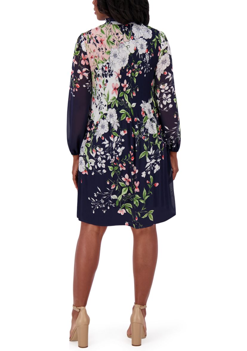 Jessica Howard Women's Long Sleeve Printed Babydoll Dress, Navy Blue, 6