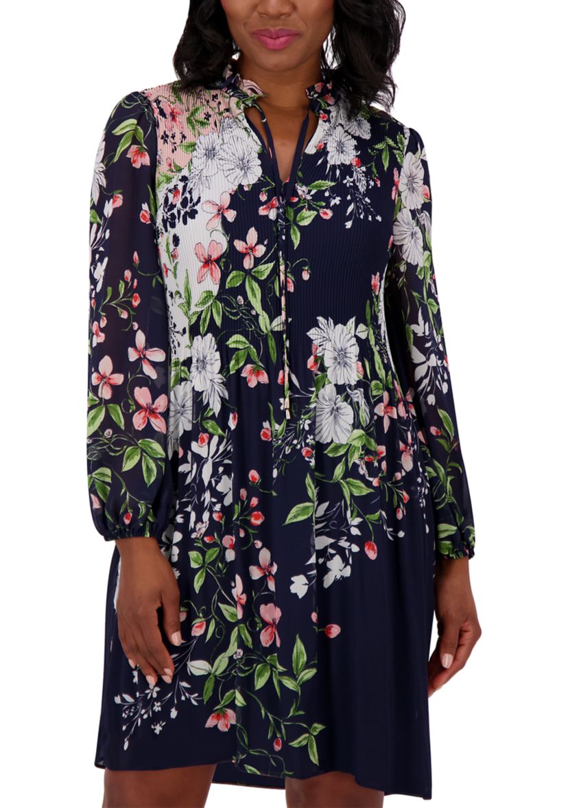 Jessica Howard Women's Long Sleeve Printed Babydoll Dress, Navy Blue, 6