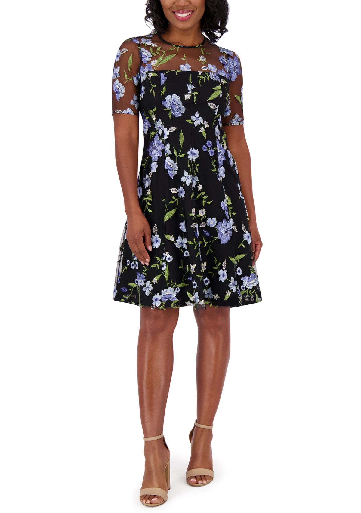 Womens Short Sleeve Crew Neck Floral Print Dress
