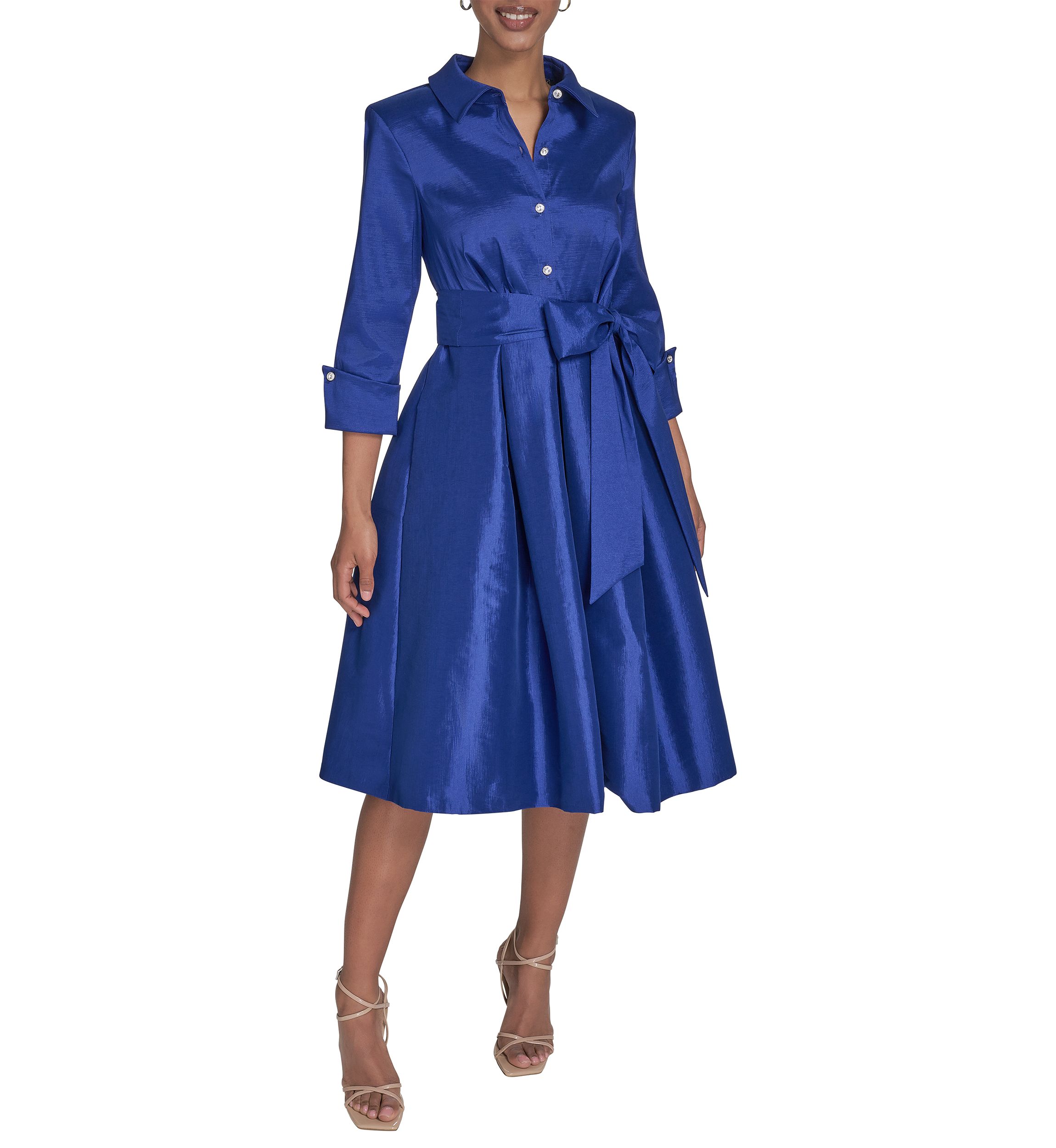 Womens 3/4 Sleeve Collar Neck Tie Waist A-Line Dress