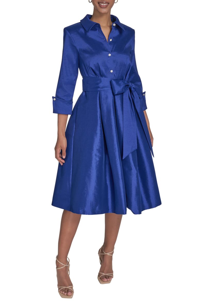 Womens 3/4 Sleeve Collar Neck Tie Waist A-Line Dress