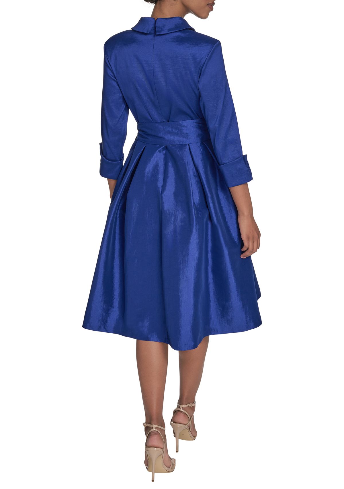 Womens 3/4 Sleeve Collar Neck Tie Waist A-Line Dress