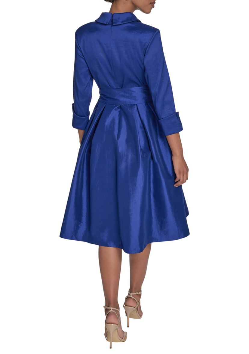 Womens 3/4 Sleeve Collar Neck Tie Waist A-Line Dress