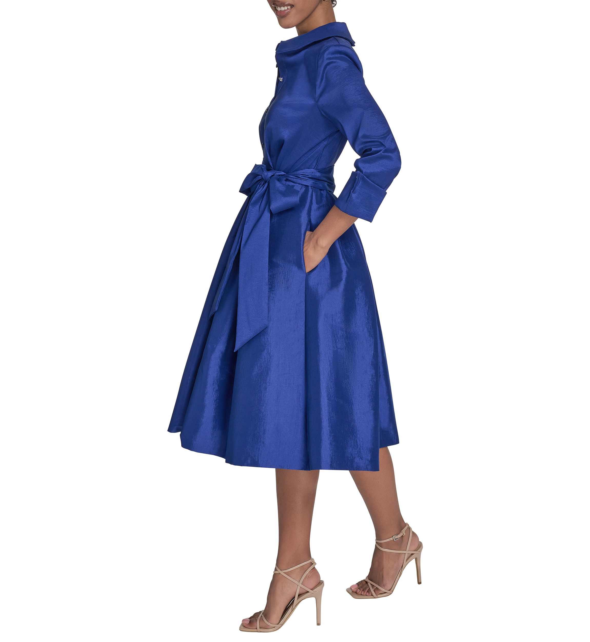 Womens 3/4 Sleeve Collar Neck Tie Waist A-Line Dress
