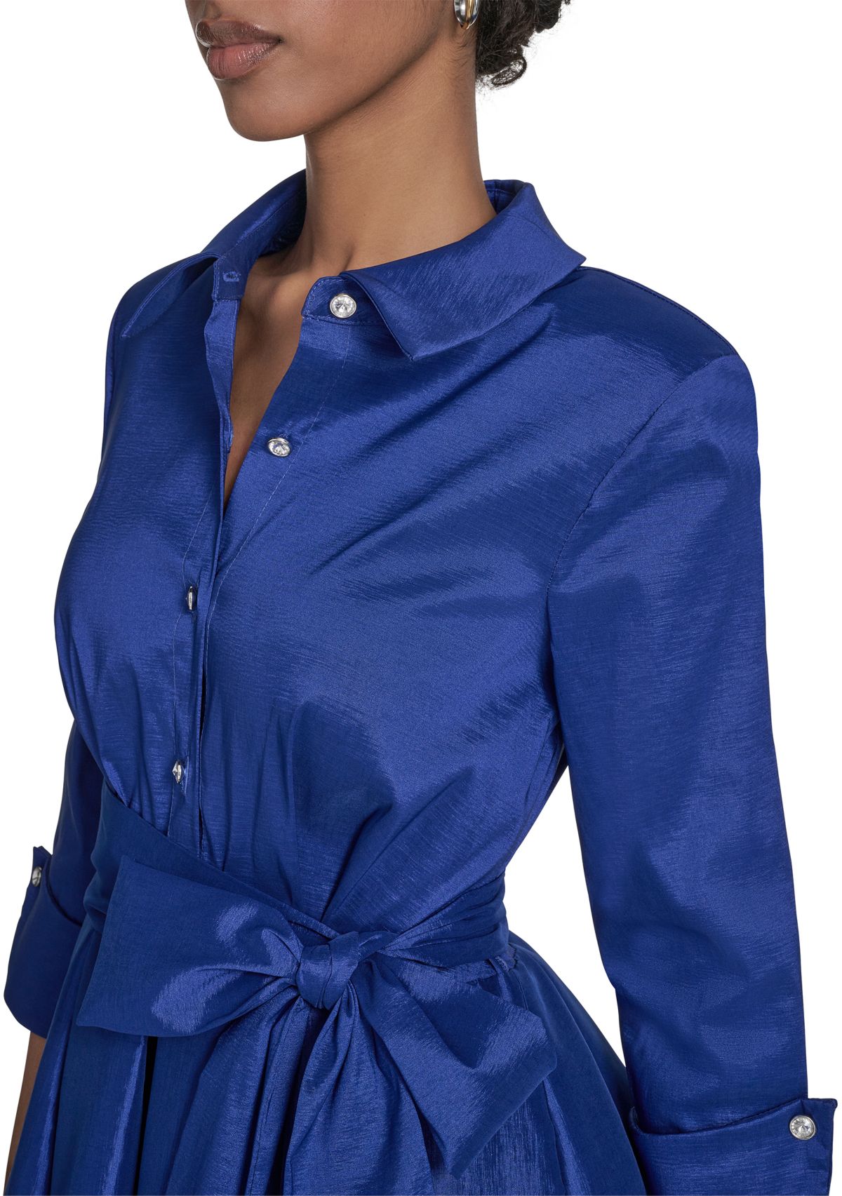 Womens 3/4 Sleeve Collar Neck Tie Waist A-Line Dress