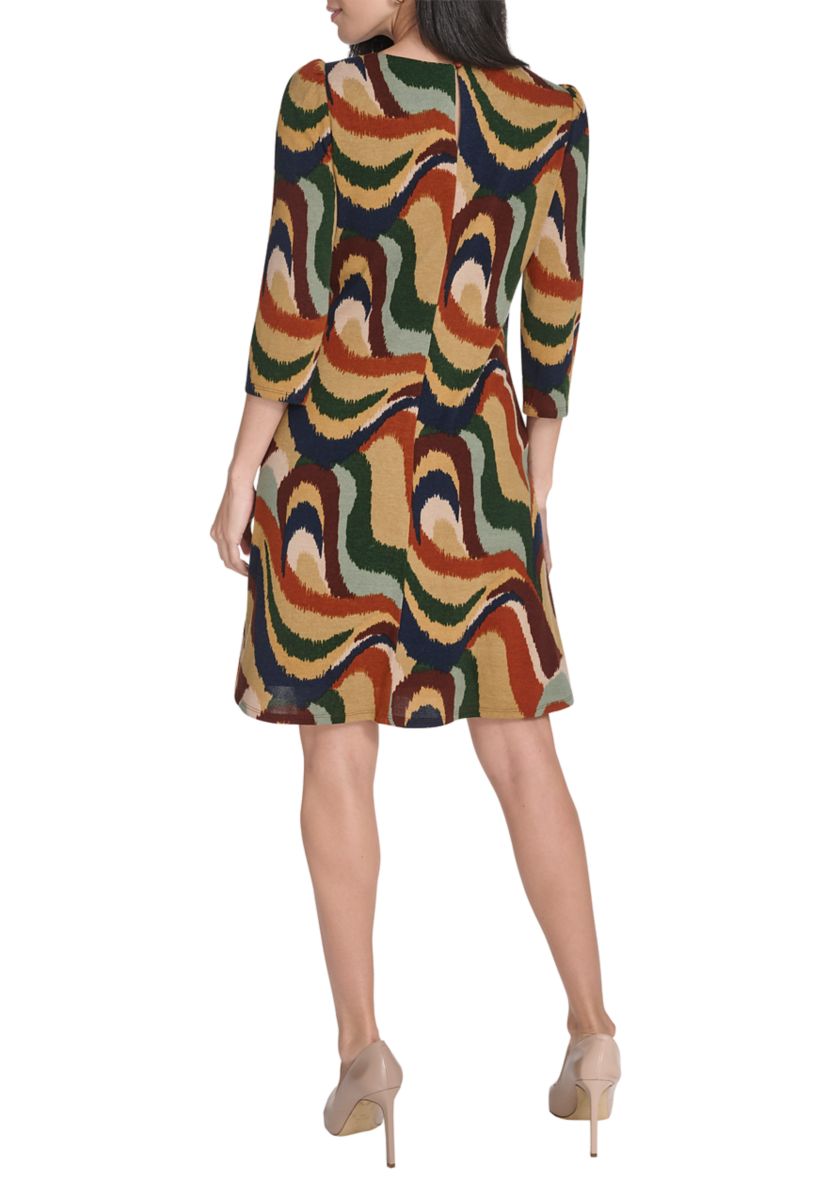 Womens Crew Neck Abstract Print Hacci A-Line Mini Dress