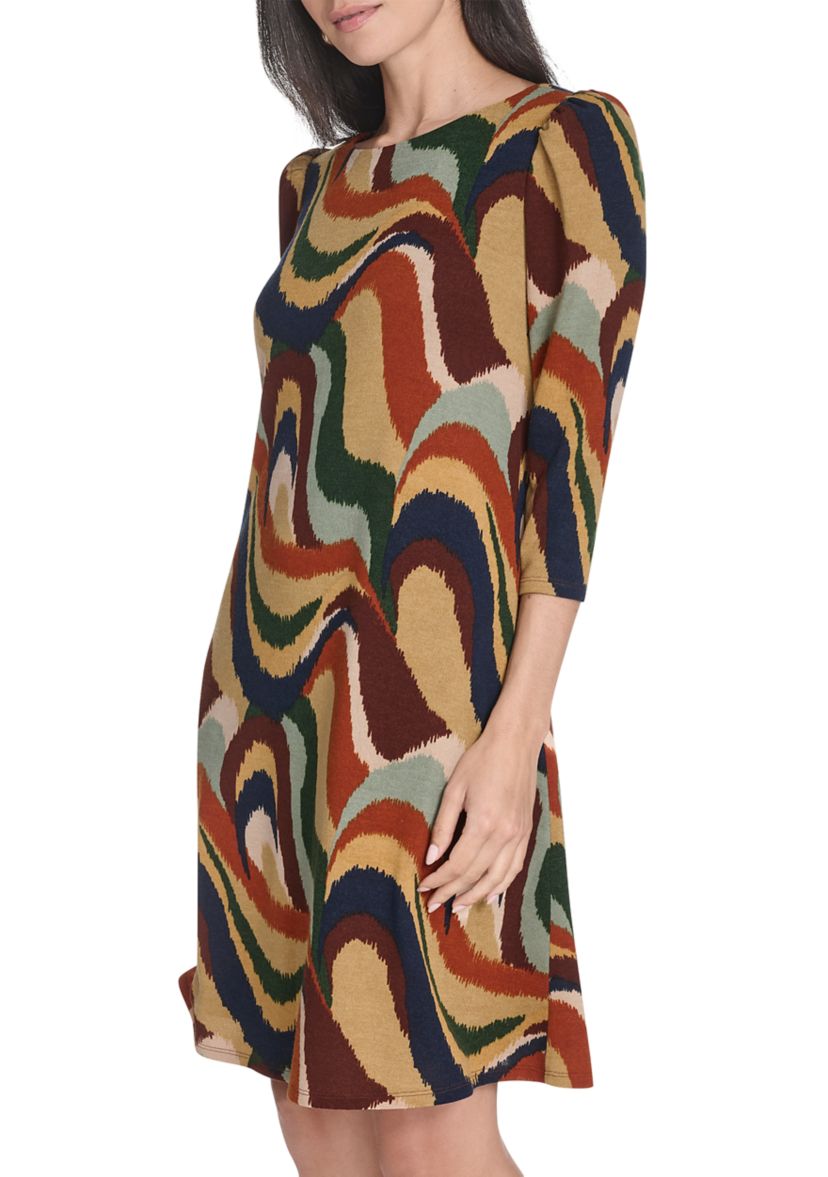 Womens Crew Neck Abstract Print Hacci A-Line Mini Dress