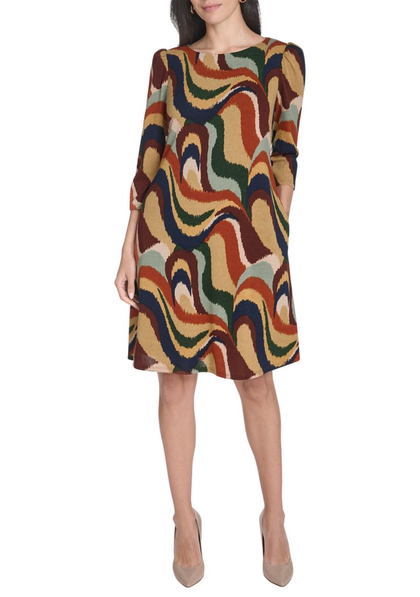 Womens Crew Neck Abstract Print Hacci A-Line Mini Dress