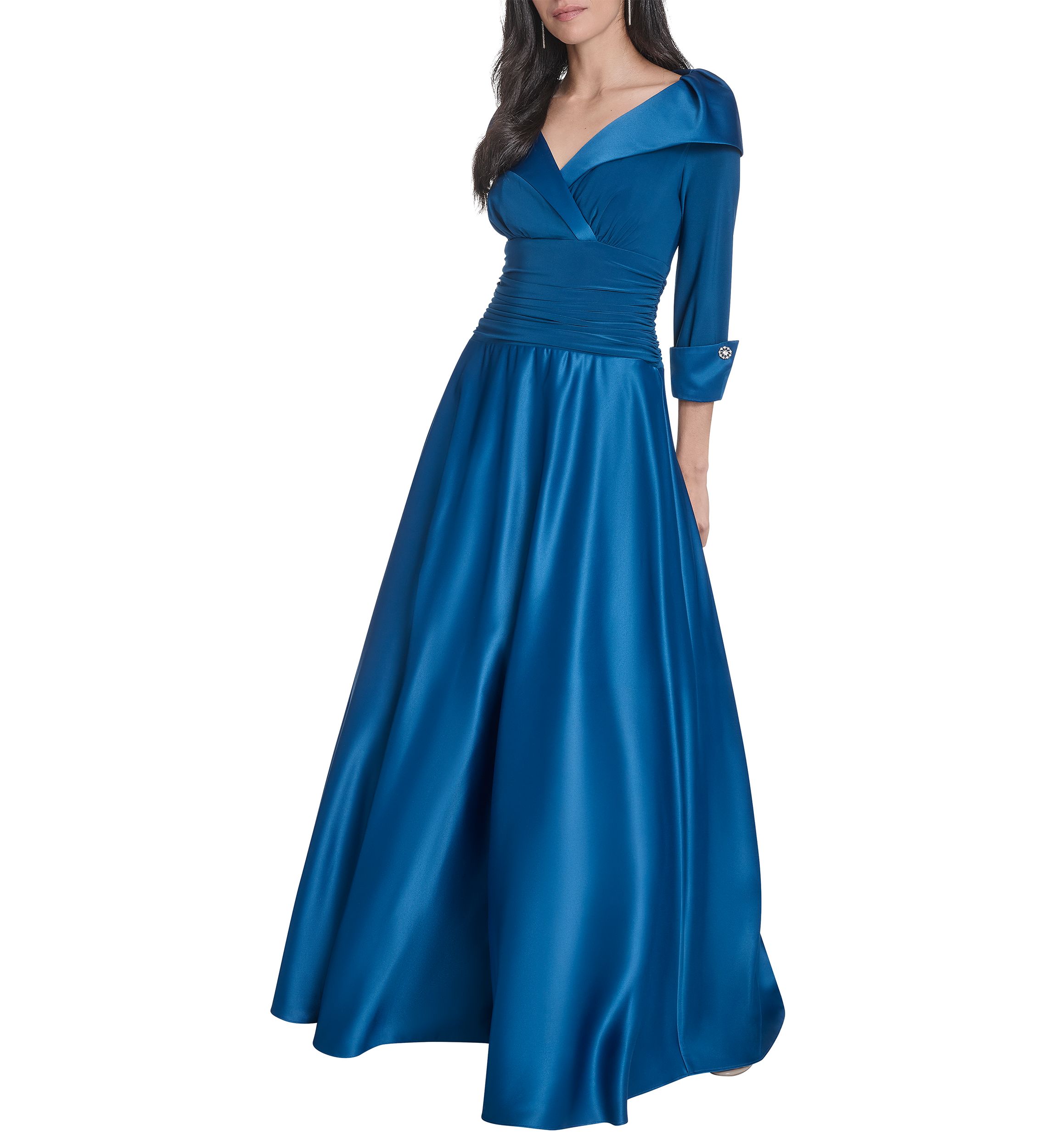 Womens 3/4 Sleeve V-Neck Satin A-Line Dress