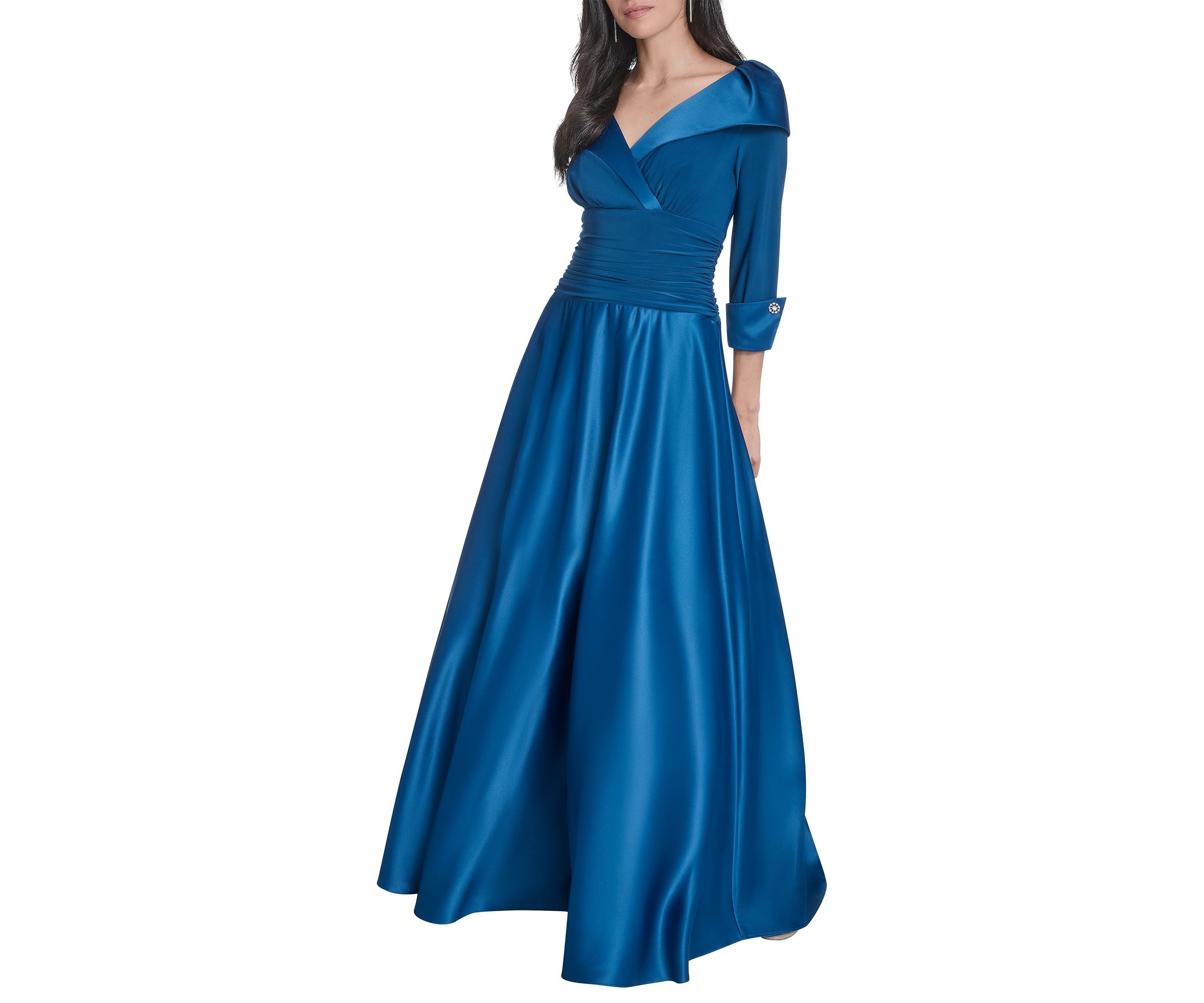 Womens 3/4 Sleeve V-Neck Satin A-Line Dress