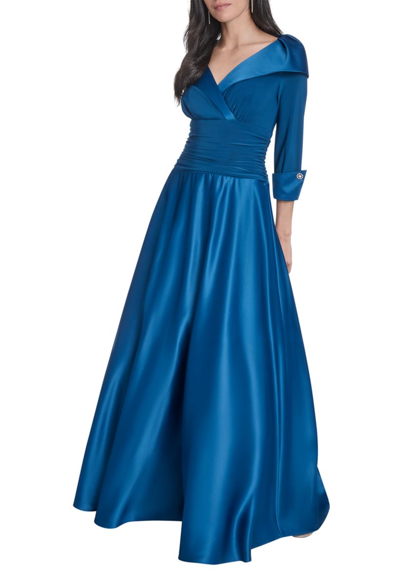 Womens 3/4 Sleeve V-Neck Satin A-Line Dress