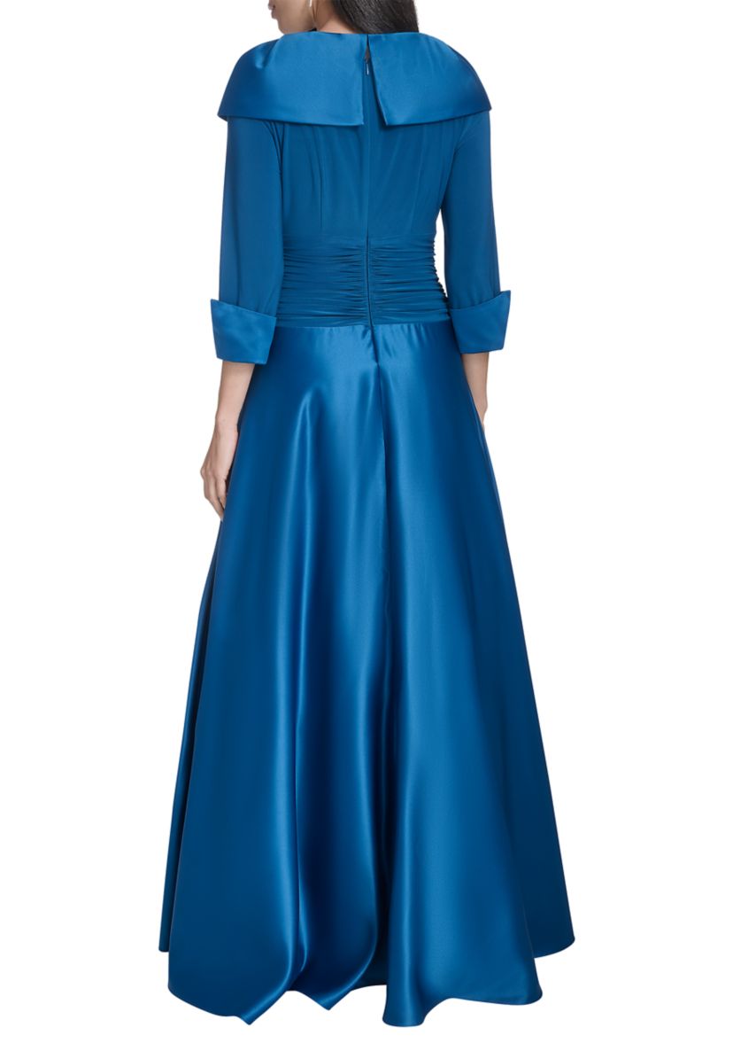 Womens 3/4 Sleeve V-Neck Satin A-Line Dress