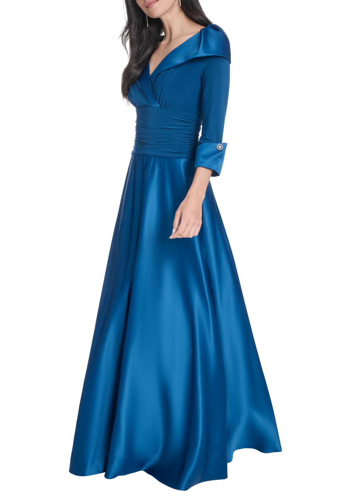 Womens 3/4 Sleeve V-Neck Satin A-Line Dress