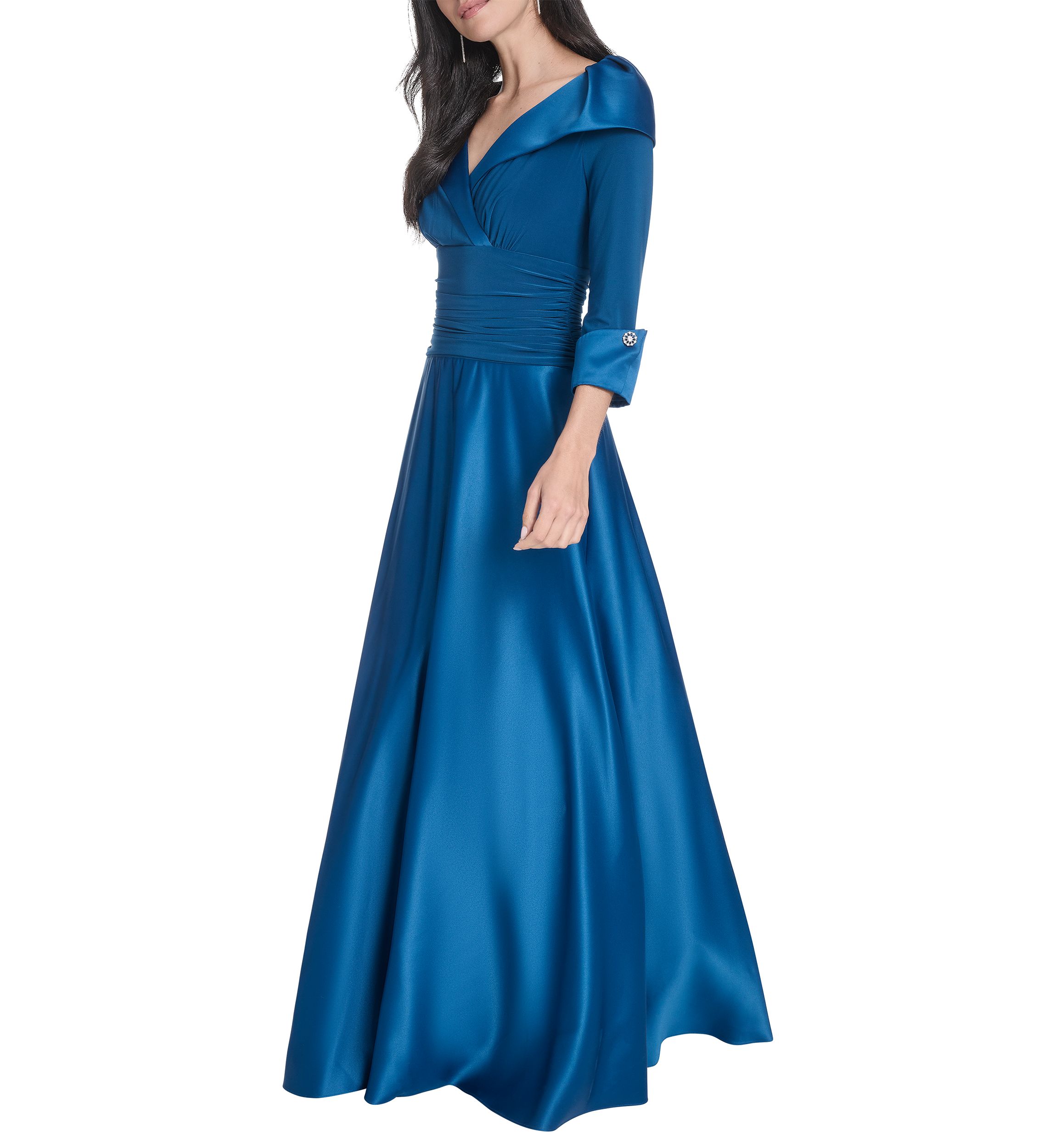 Womens 3/4 Sleeve V-Neck Satin A-Line Dress