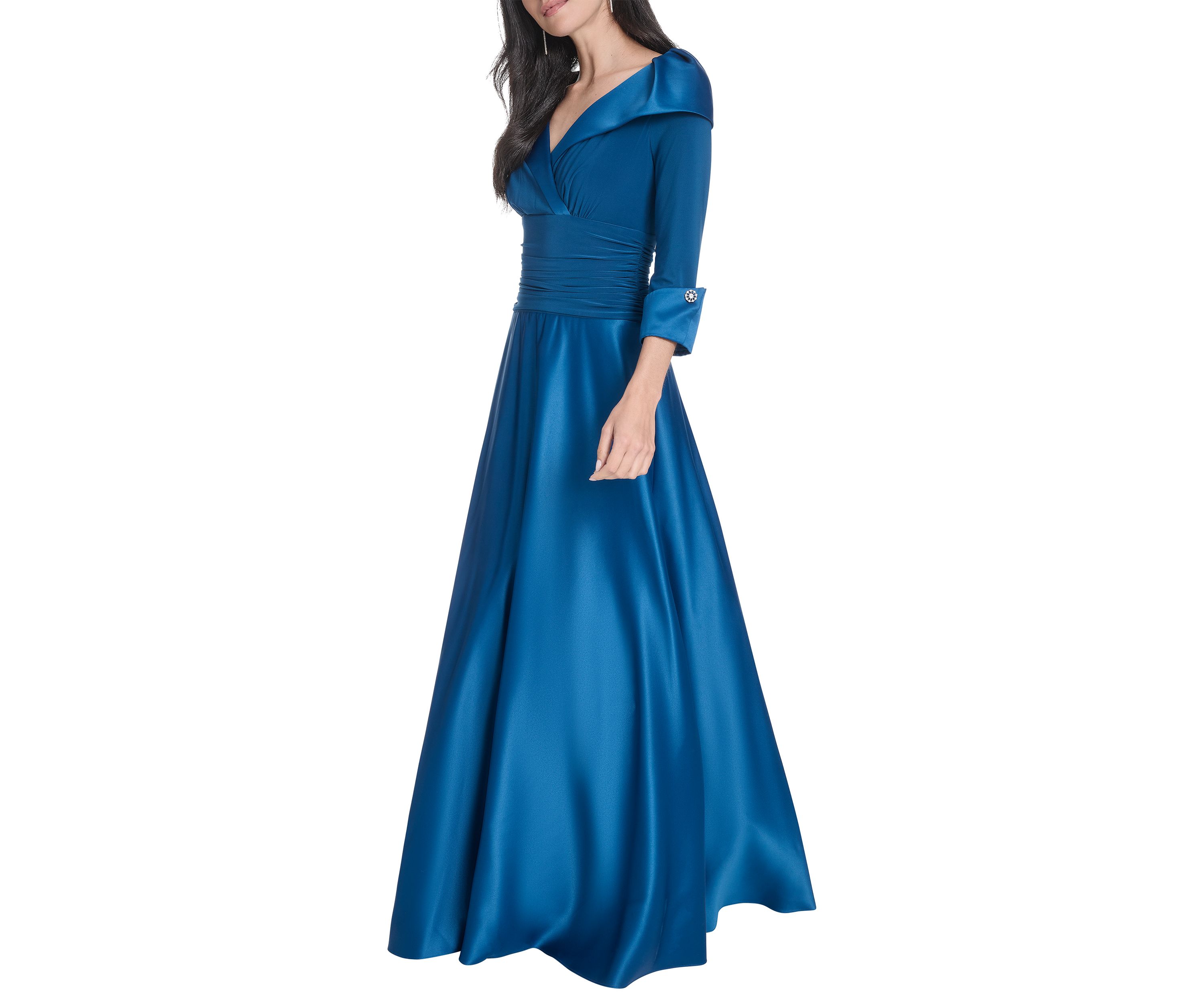 Womens 3/4 Sleeve V-Neck Satin A-Line Dress