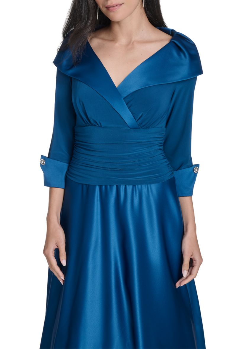 Womens 3/4 Sleeve V-Neck Satin A-Line Dress