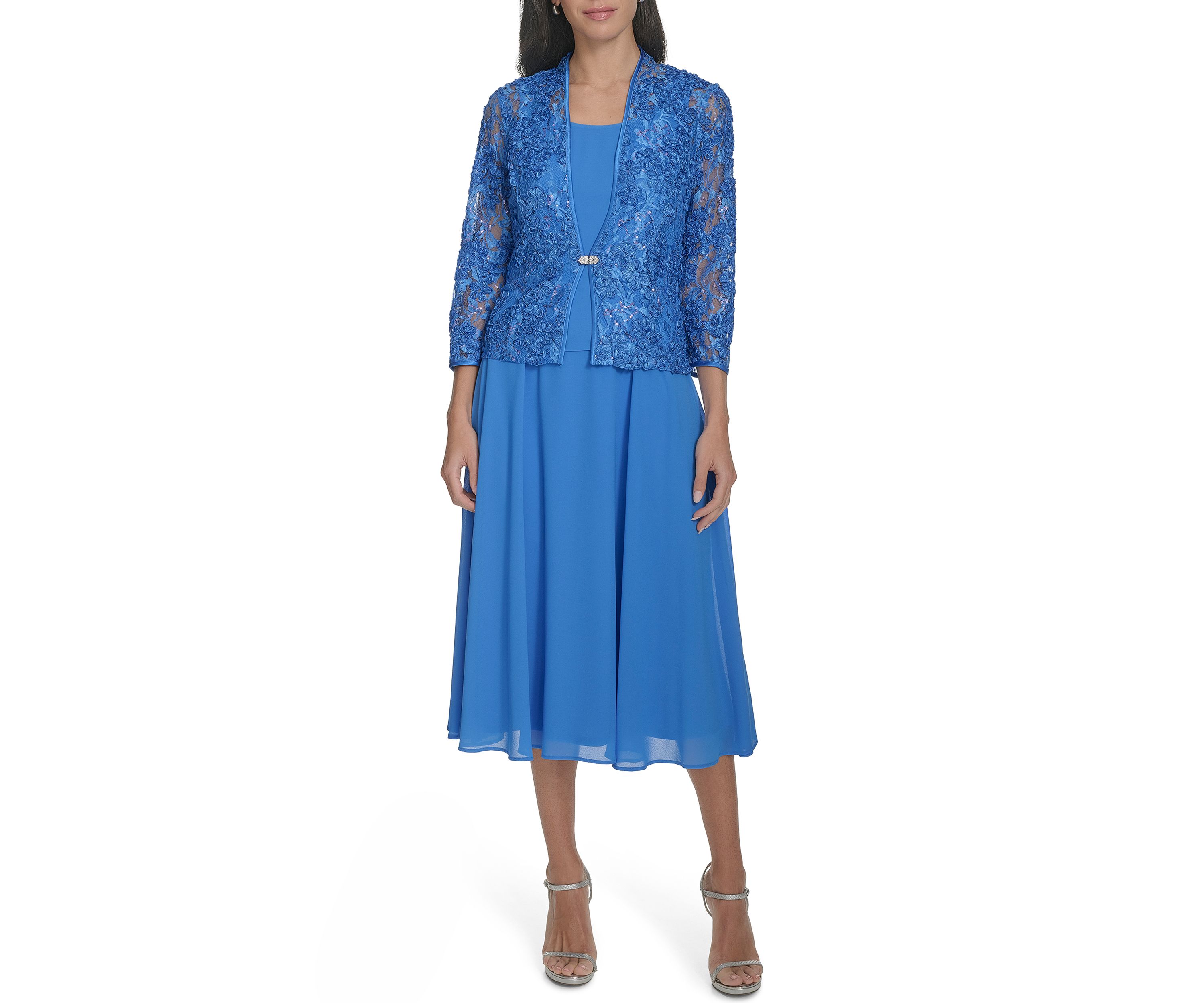 Womens 3/4 Sleeve Solid Chiffon Jacket Dress
